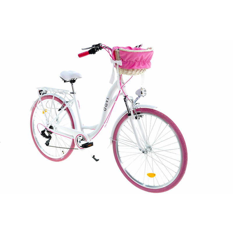 Bicicleta dama cu cos rachita Davi® Maria, Alu, 7 viteze 28" 160-185 cm, Alb/Roz
