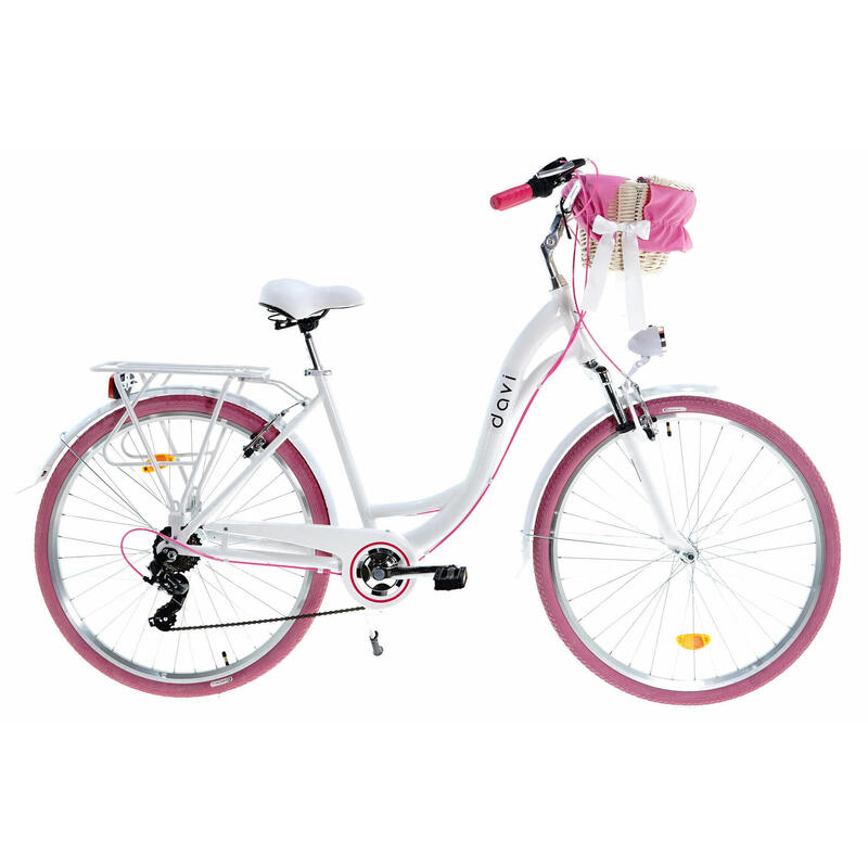 Bicicleta dama cu cos rachita Davi® Maria, Alu, 7 viteze 28" 160-185 cm, Alb/Roz