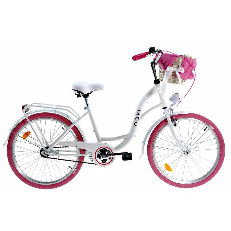 Bicicleta copii cu cos rachita Davi® Amelia, 1 viteze 24", 130-165 cm ,  Alb/Roz