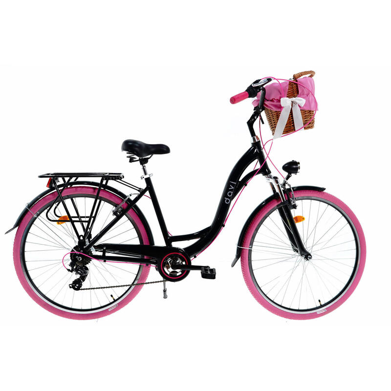 Bicicleta dama cu cos rachita Davi® Maria, Alu, 28", 160-185 cm , Negru/Roz