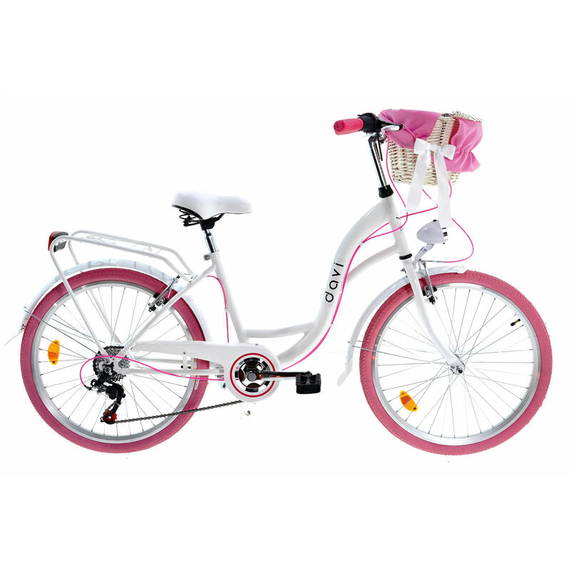 Bicicleta copii cu cos rachita Davi® Amelia, 6 viteze 24", 130-165 cm ,  Alb/Roz