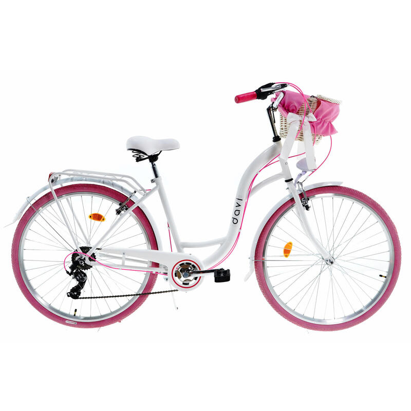 Bicicleta dama cu cos rachita Davi® Emma 7 viteze 28", 160-185 cm, Alb/Roz
