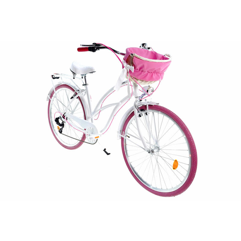 Bicicleta dama Cruiser  Davi® Bianca, Alu, 7 viteze 28", 160-185 cm , Alb/Roz