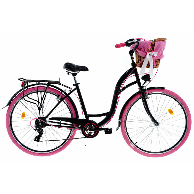 Bicicleta dama cu cos rachita Davi® Emma 7 viteze 28", 160-185 cm, Negru/Roz