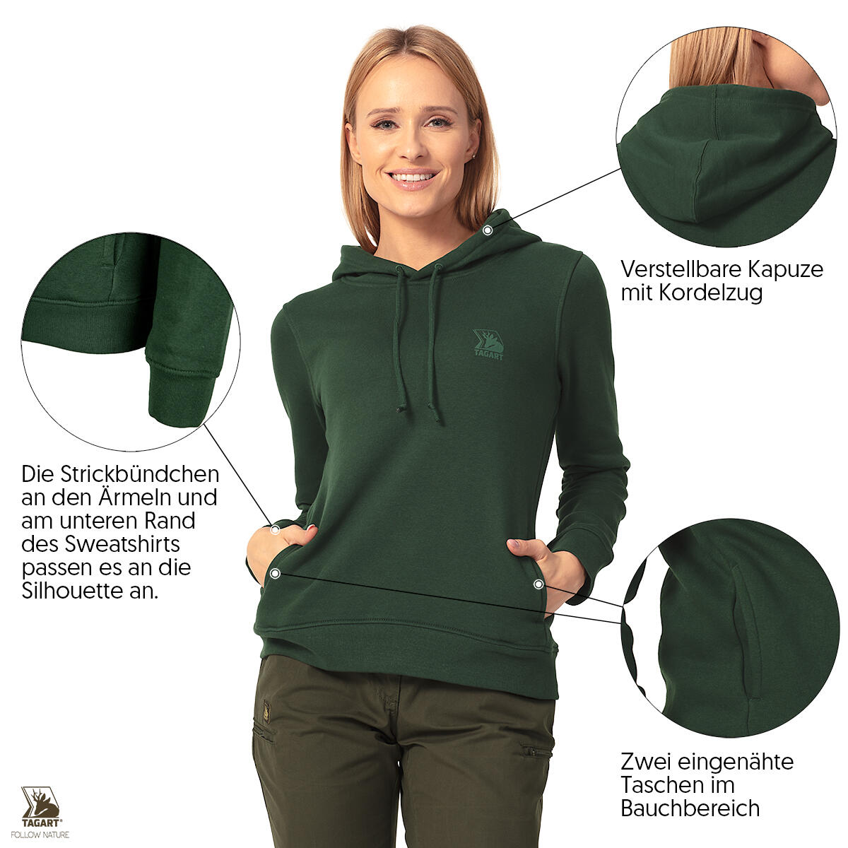 Damen  Jagd-Hoodie Sweatshirt Tagart mit Kapuze aus Bio-Baumwolle 3/5