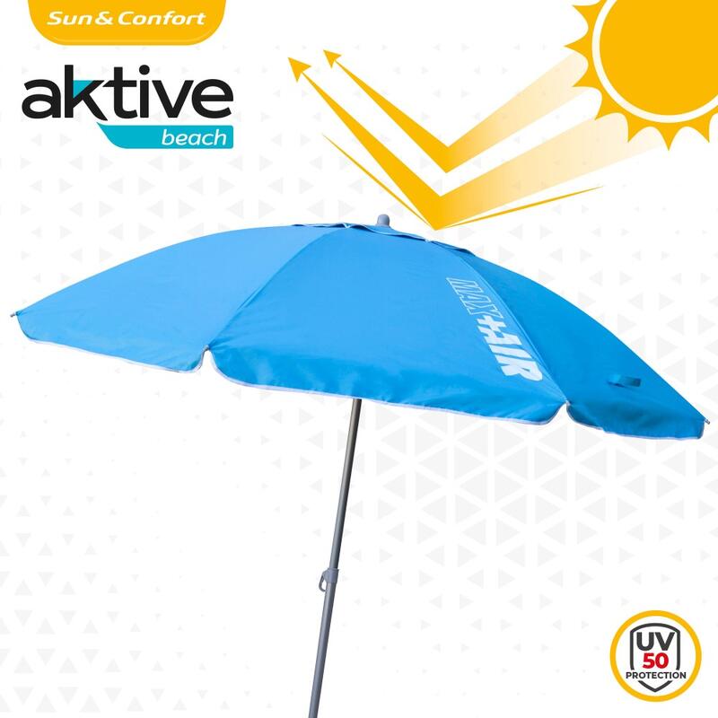 Parapluie de plage coupe-vent Ø220 cm avec mât inclinable et UV50 Aktive