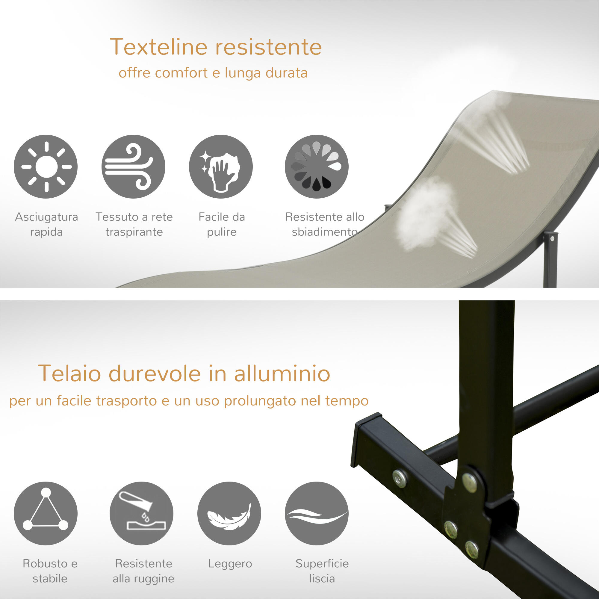 Outsunny Set 2 Sdraio da Esterno Pieghevoli in Alluminio e Texteline Cachi 7/7