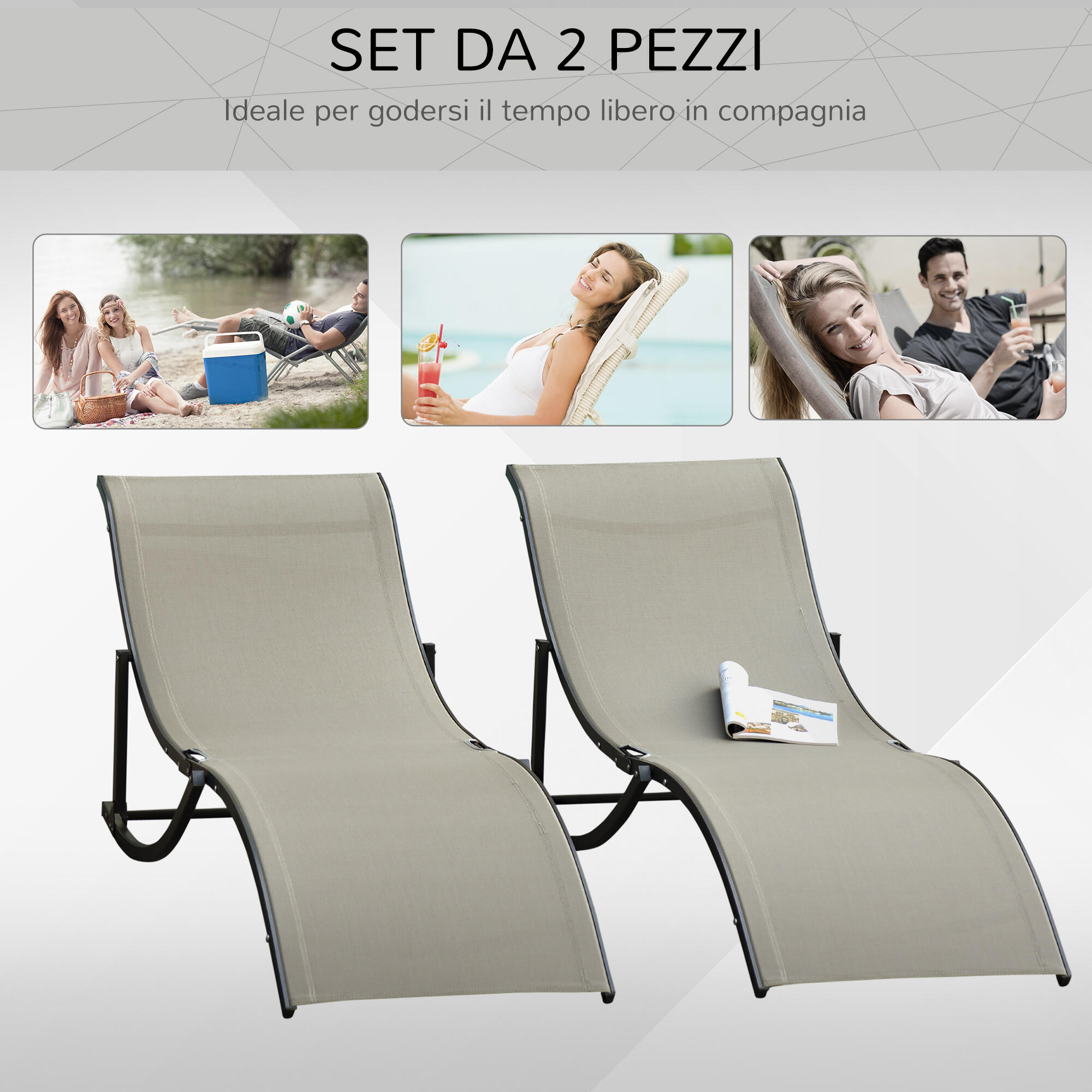 Outsunny Set 2 Sdraio da Esterno Pieghevoli in Alluminio e Texteline Cachi 5/7