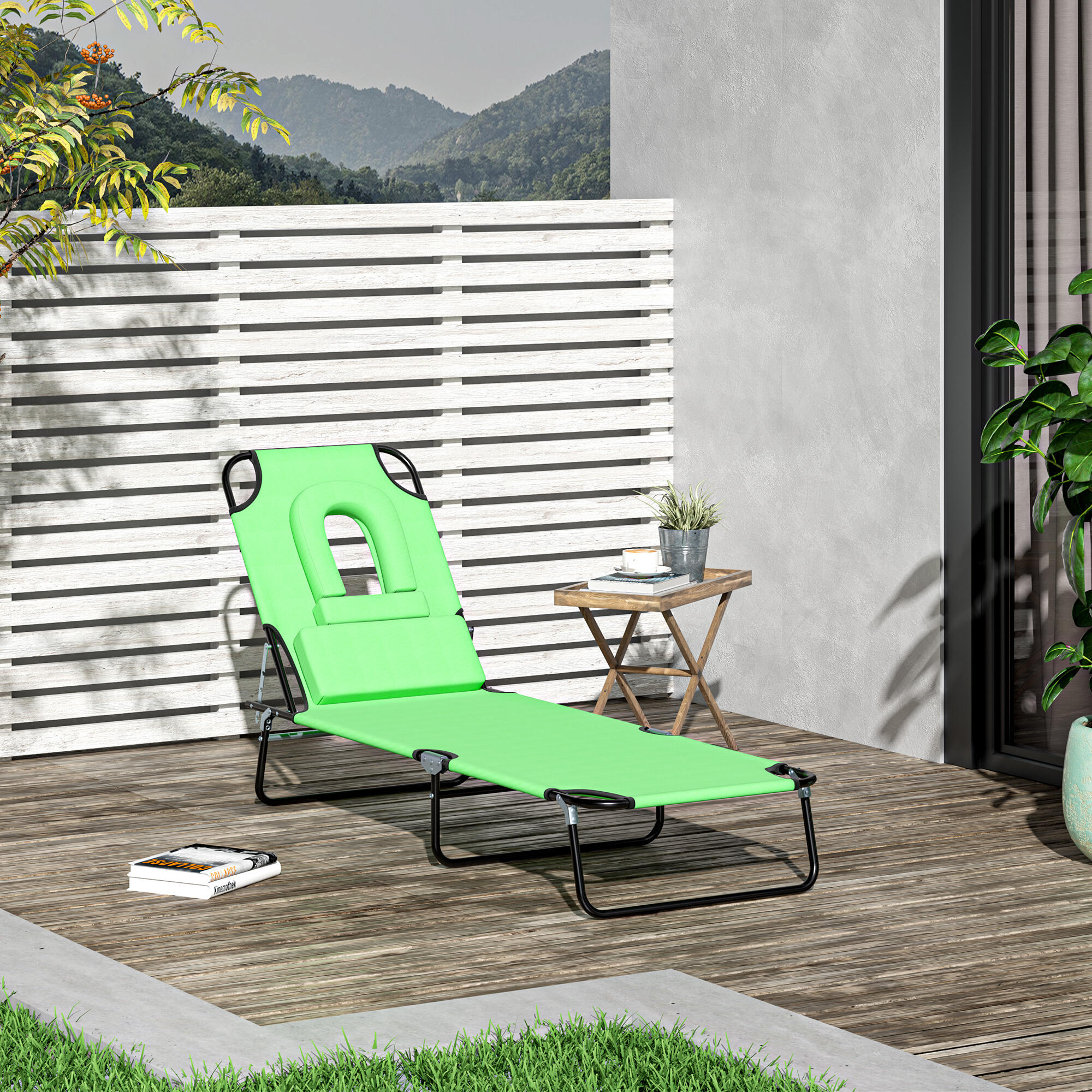 Outsunny Sdraio Pieghevole con Foro per Viso e Cuscini Tessuto Oxford Verde 2/8