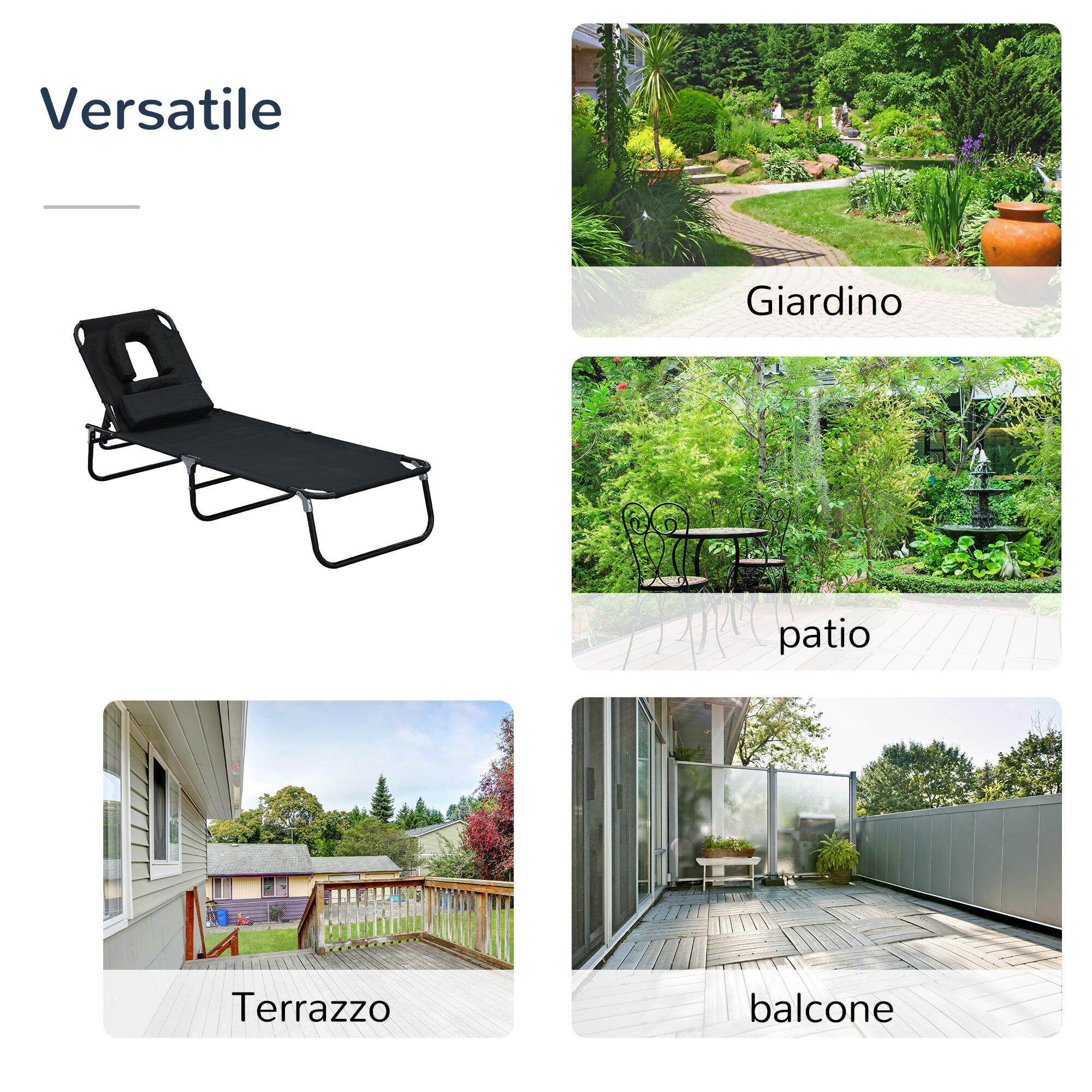 Outsunny Lettino Prendisole Sdraio da Giardino Pieghevole Reclinabile Nero 7/8