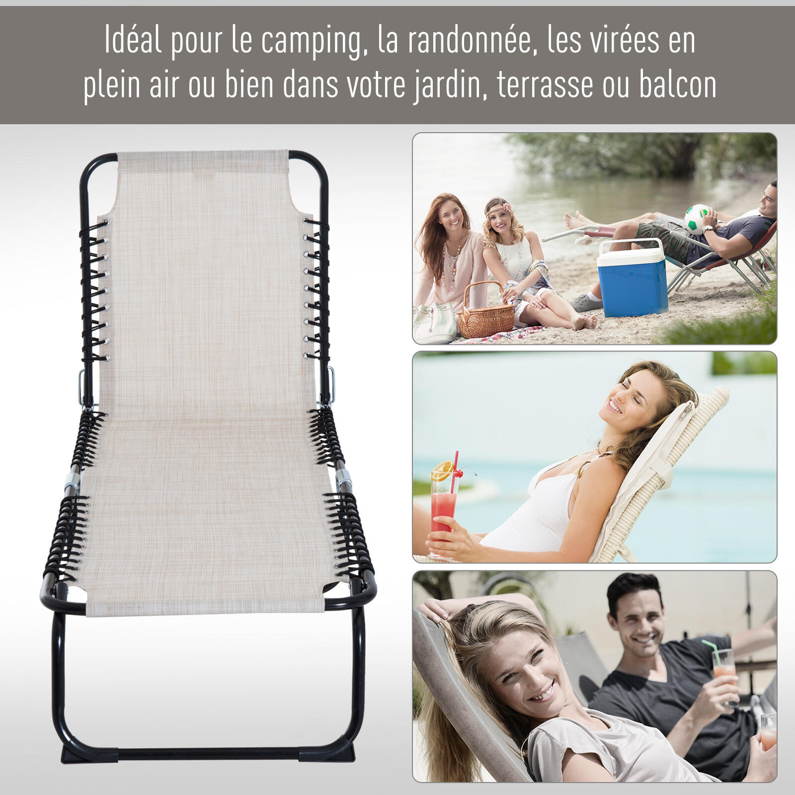 Outsunny Lettino Prendisole Portatile con Schienale Reclinabile a 4 Livelli 7/8