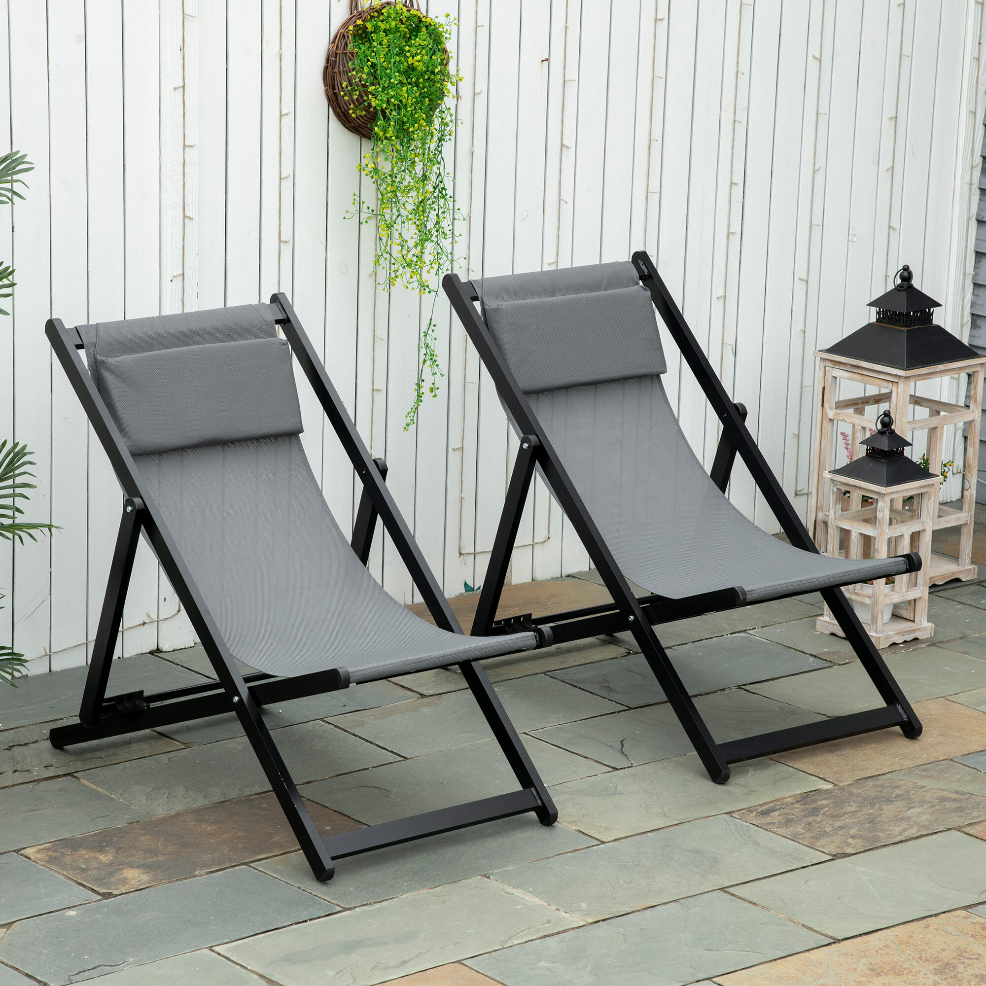 Outsunny Set 2 Sedie, Pieghevoli e Reclinabili, Grigio, 96.5 x 58 x 91.5cm 2/8