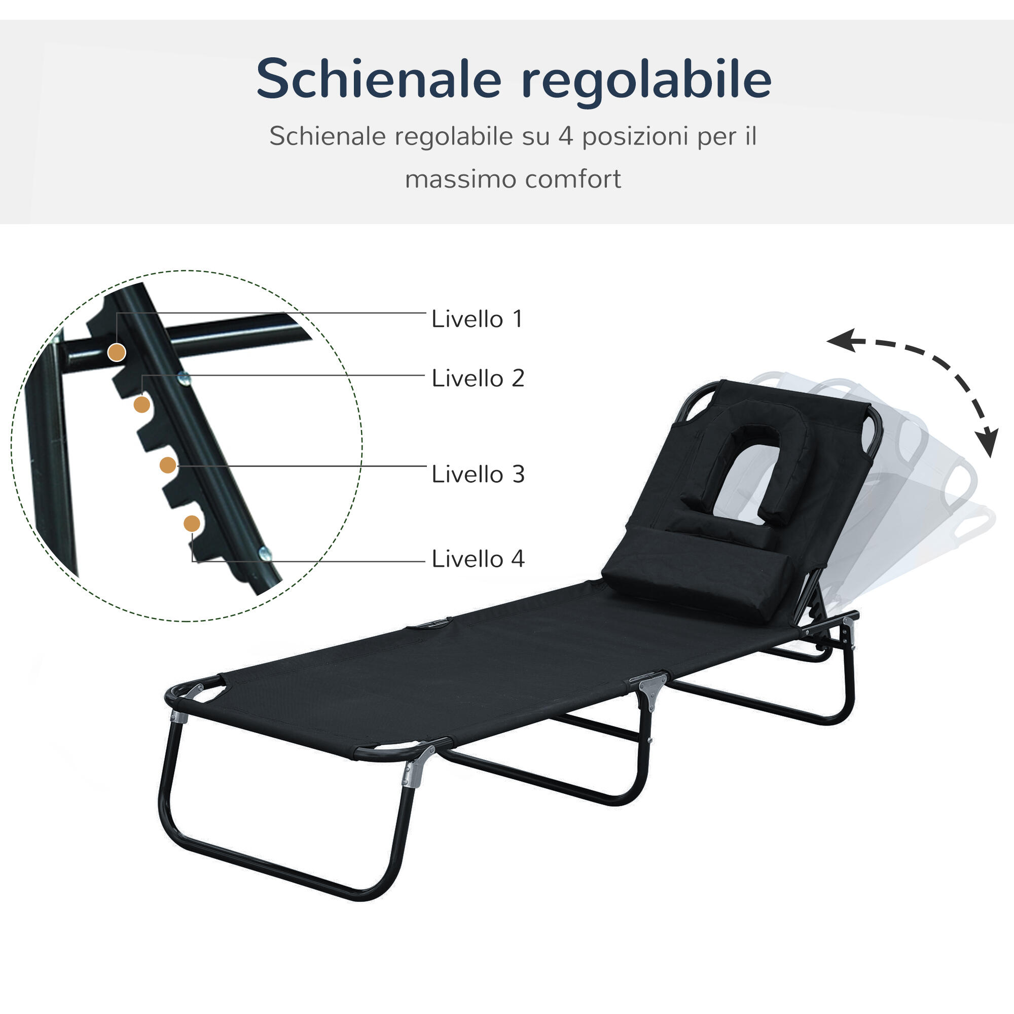 Outsunny Lettino Prendisole Sdraio da Giardino Pieghevole Reclinabile Nero 4/8