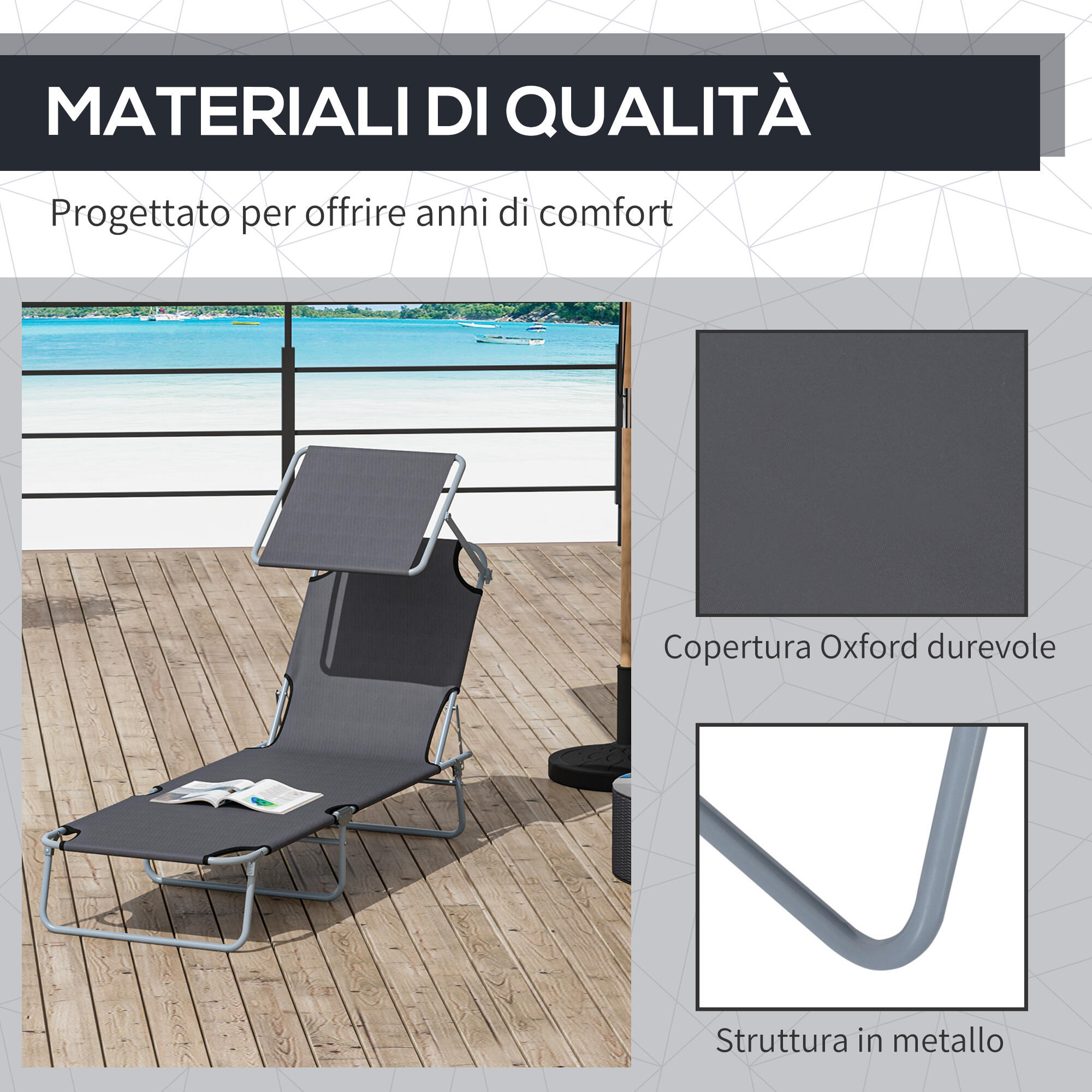 Outsunny Sdraio Prendisole con Tettuccio Pieghvole Schienale Reclinabile Grigio 7/8