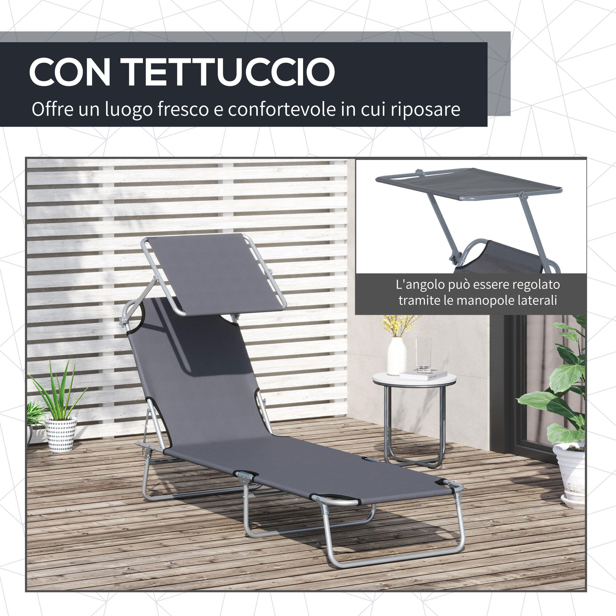 Outsunny Sdraio Prendisole con Tettuccio Pieghvole Schienale Reclinabile Grigio 6/8