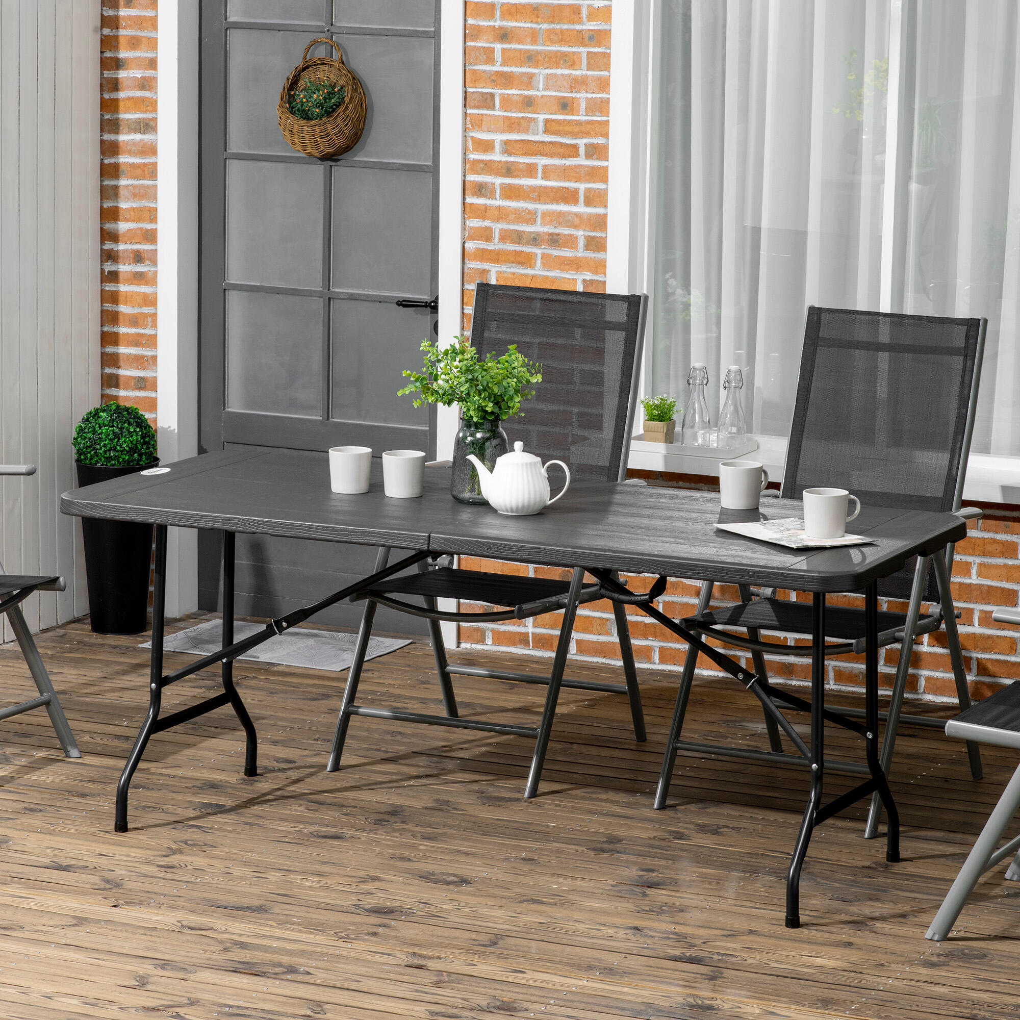 Outsunny Tavolo da Giardino Pieghevole per 6 Persone Acciaio e HDPE Grigio Scuro 2/7