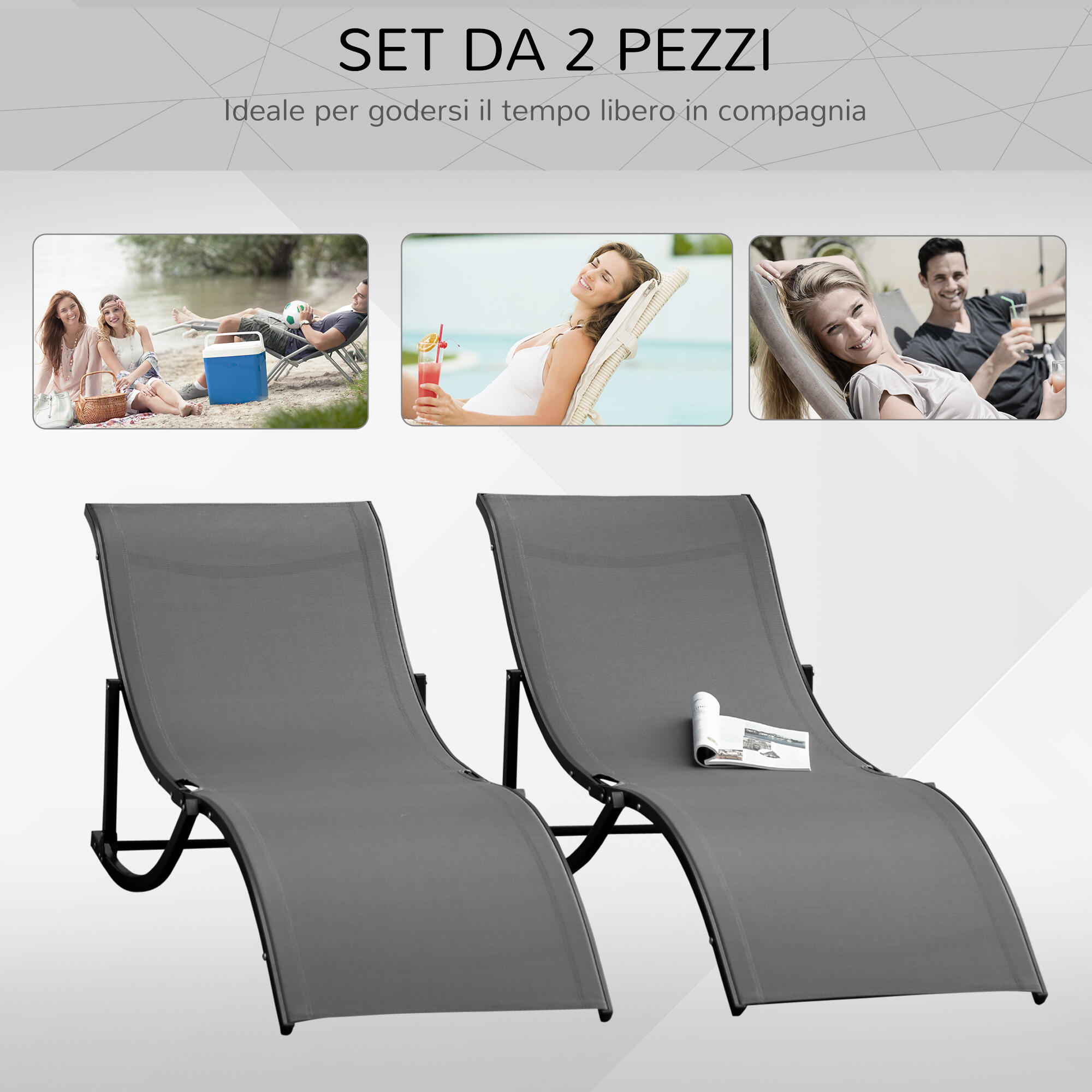 Outsunny Set 2 Sdraio da Giardino Pieghevoli in Alluminio e Texteline 5/7