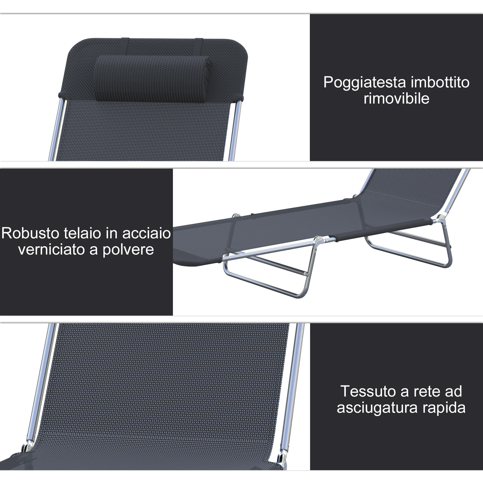 Outsunny Sdraio Pieghevole Reclinabile con Cuscino da Giardino Spiaggia Nero 6/8