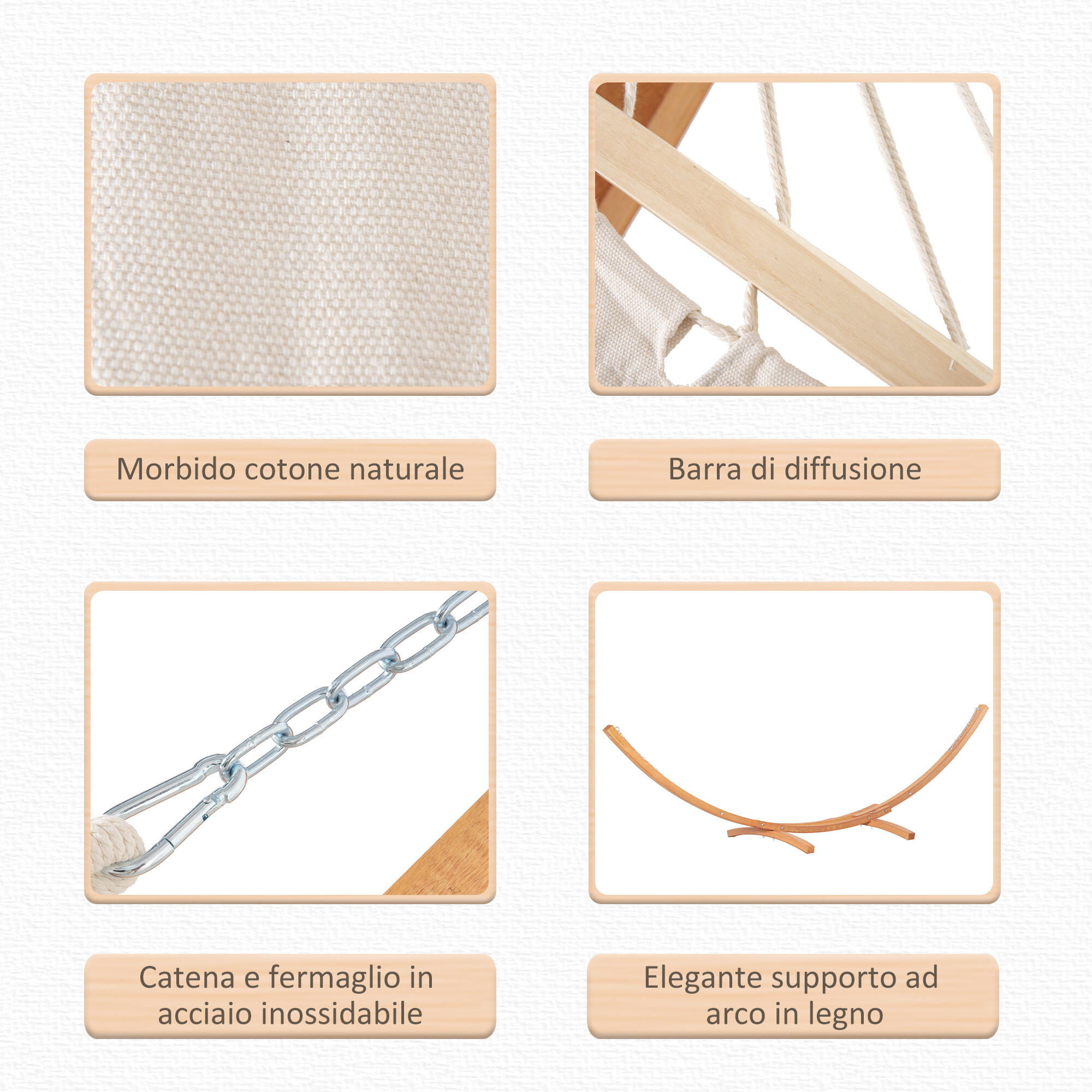 Outsunny Amaca con Supporto in Legno di Pino e Cotone per Giardino Bianca 6/7