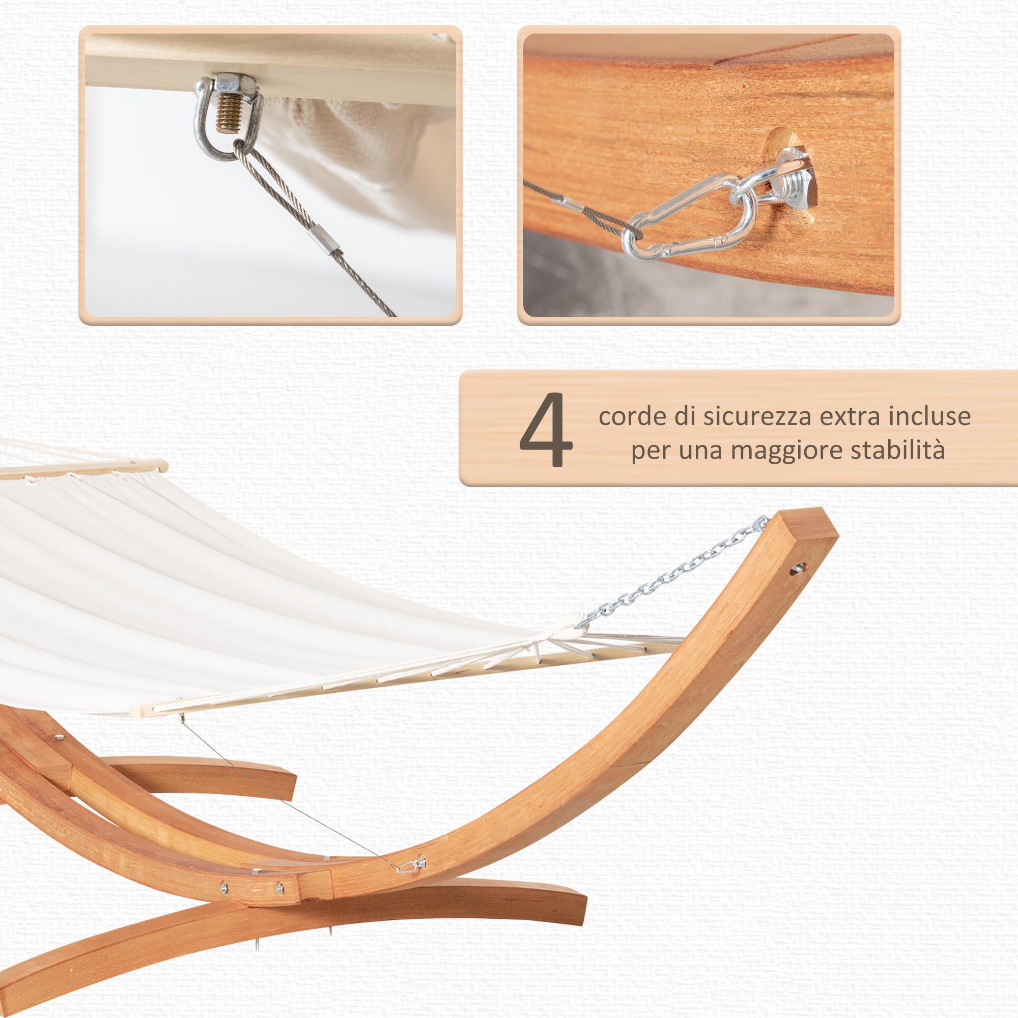 Outsunny Amaca con Supporto in Legno di Pino e Cotone per Giardino Bianca 5/7