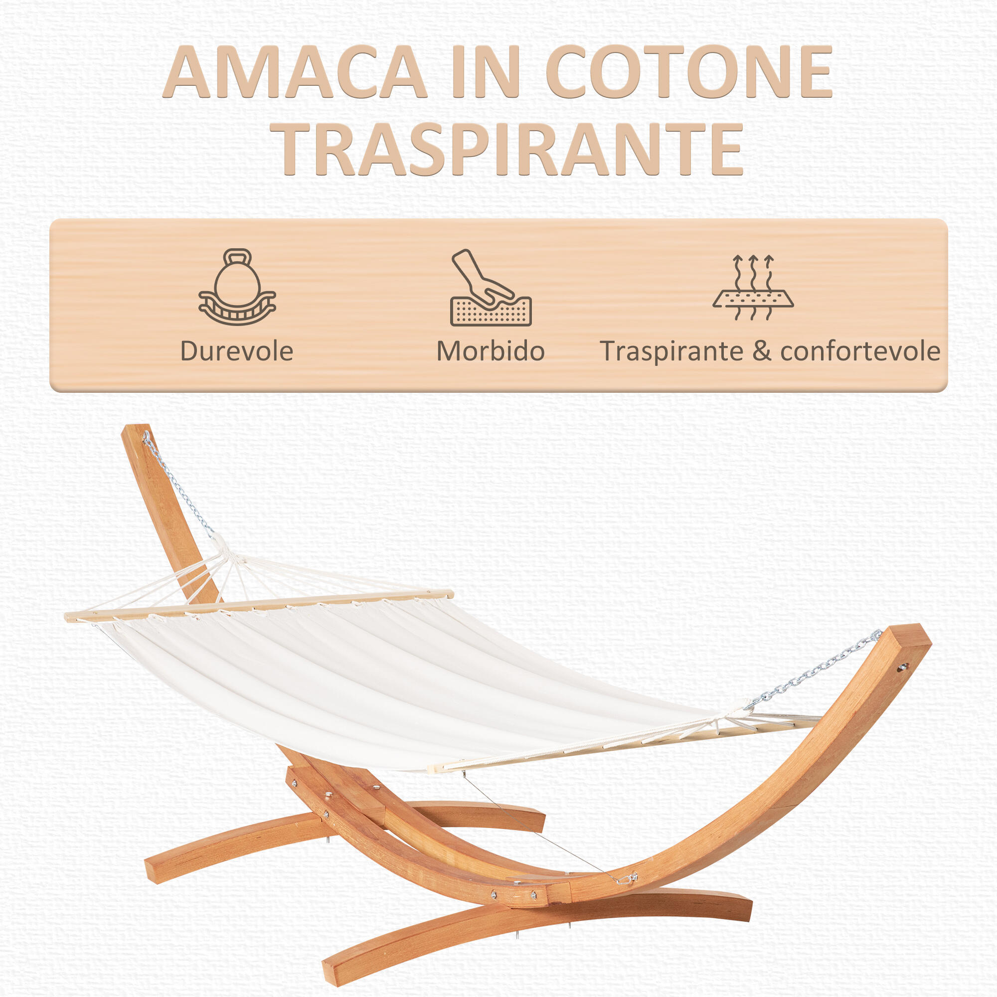Outsunny Amaca con Supporto in Legno di Pino e Cotone per Giardino Bianca 4/7