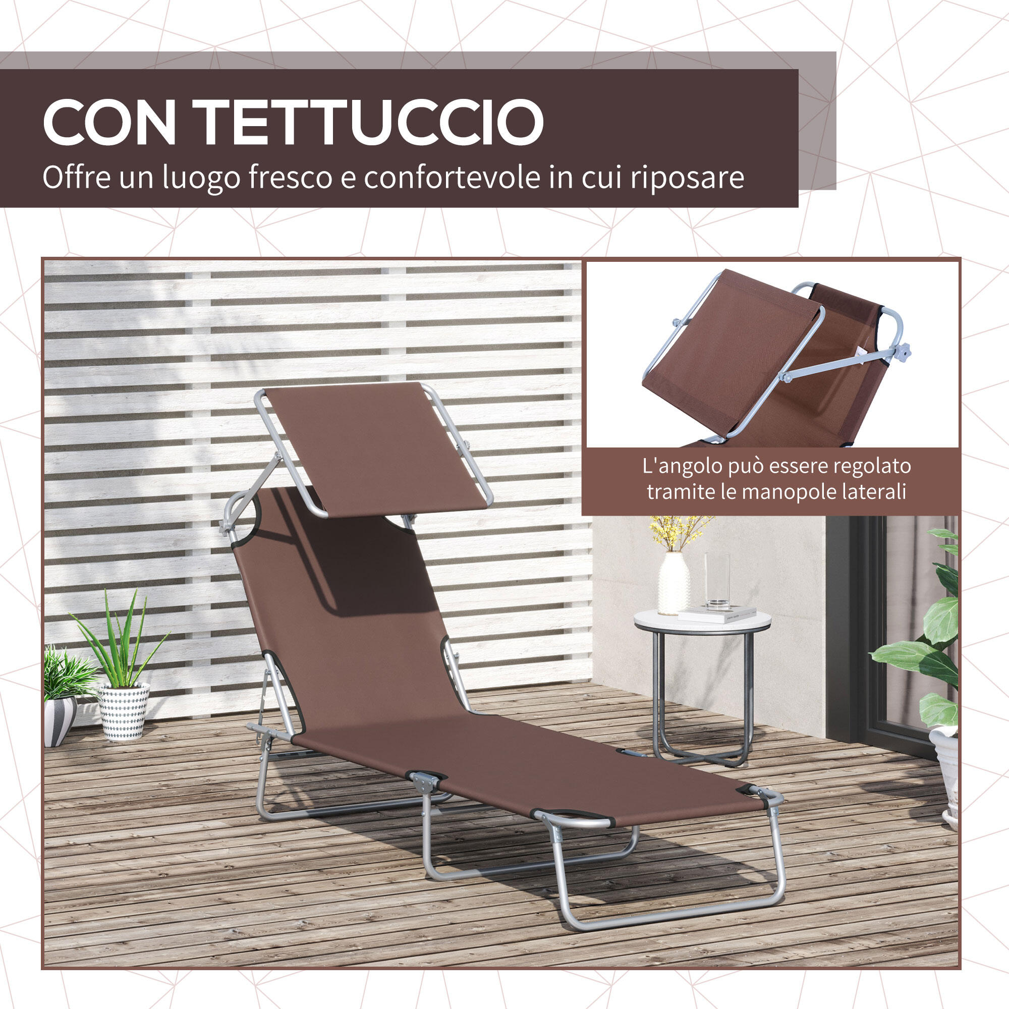 Outsunny Lettino Prendisole da Giardino Regolabile Pieghevole Tettuccio Marrone 6/8