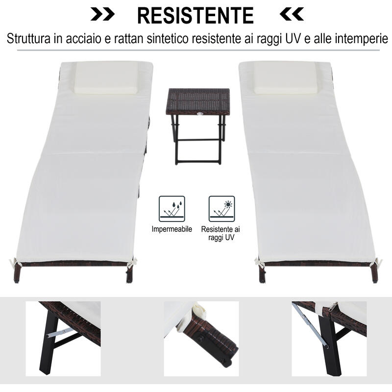 Outsunny Set 3 Pezzi Lettini Prendisole e Tavolino Pieghevoli in Rattan Crema