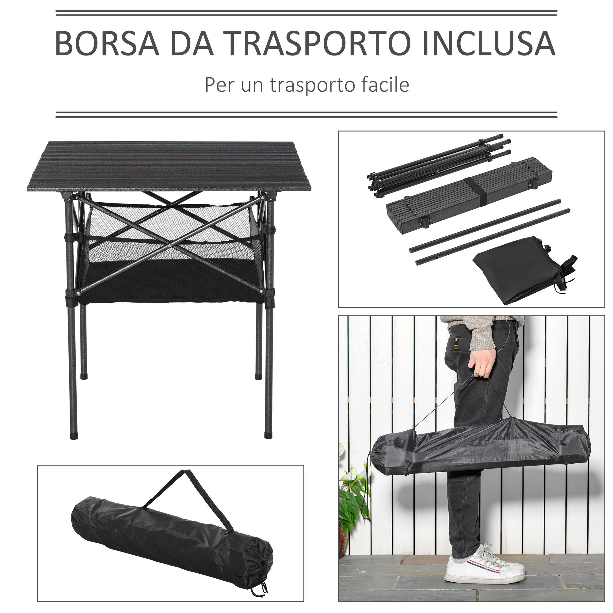 Outsunny Tavolo da Campeggio Pieghevole e Arrotolabile con Borsa da Viaggio Nera 5/7