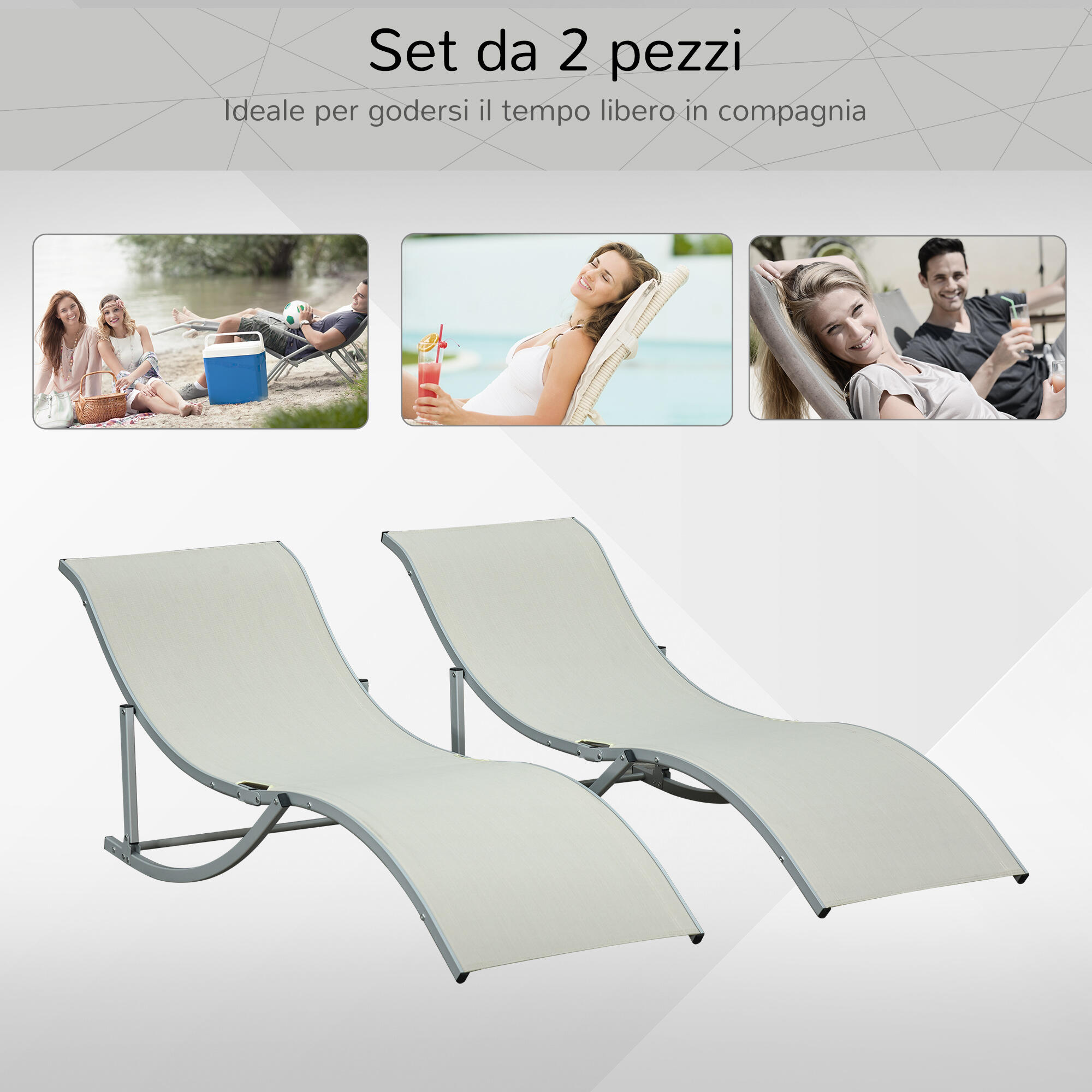 Outsunny Set 2 Sdraio da Esterno Pieghevoli in Alluminio e Texteline Beige 4/8