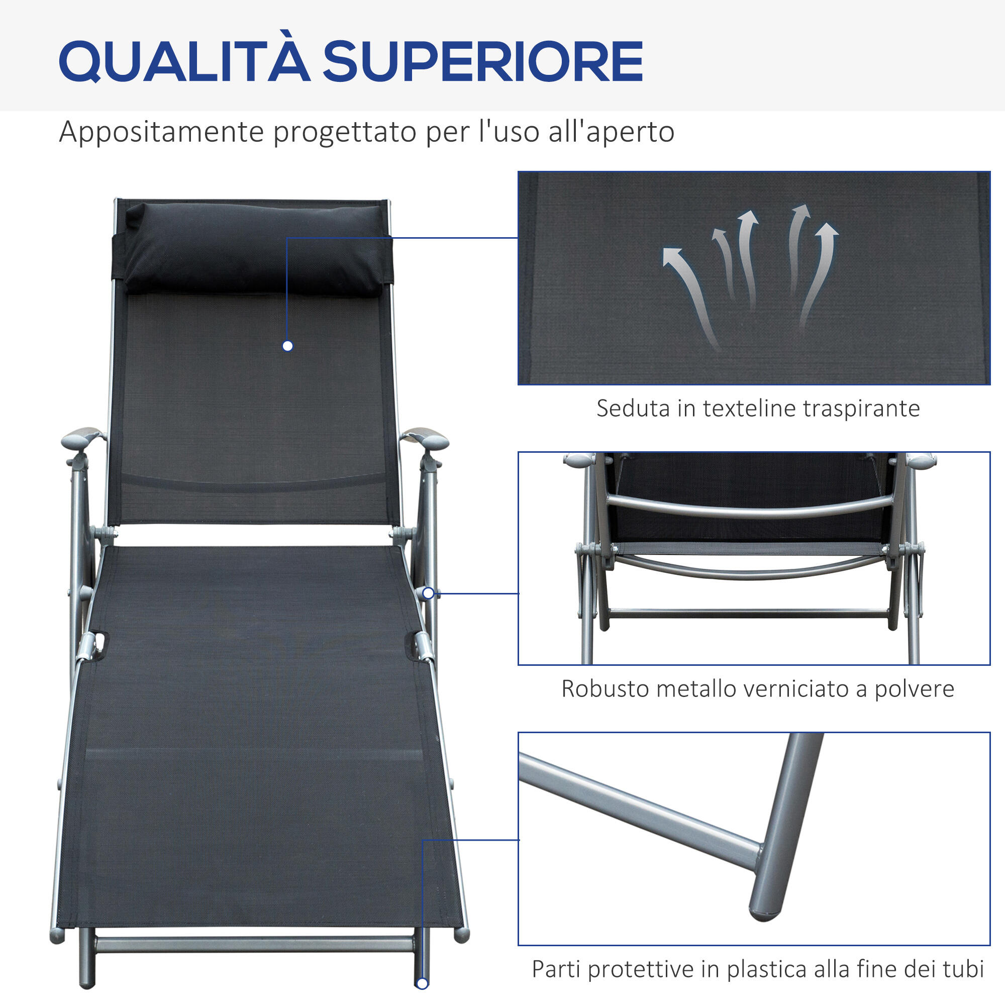 Outsunny Sdraio Prendisole Reclinabile Pieghevole con Cuscino Giardino Nero 7/8