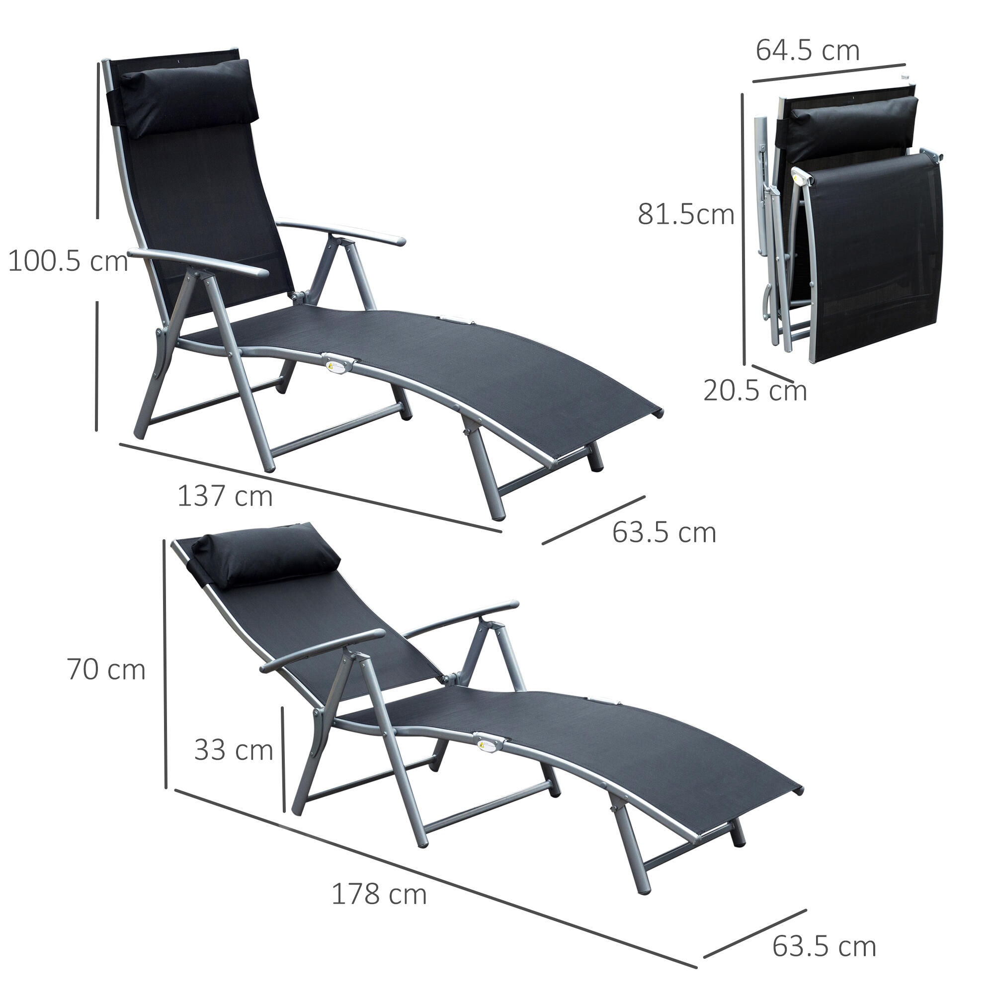 Outsunny Sdraio Prendisole Reclinabile Pieghevole con Cuscino Giardino Nero 3/8