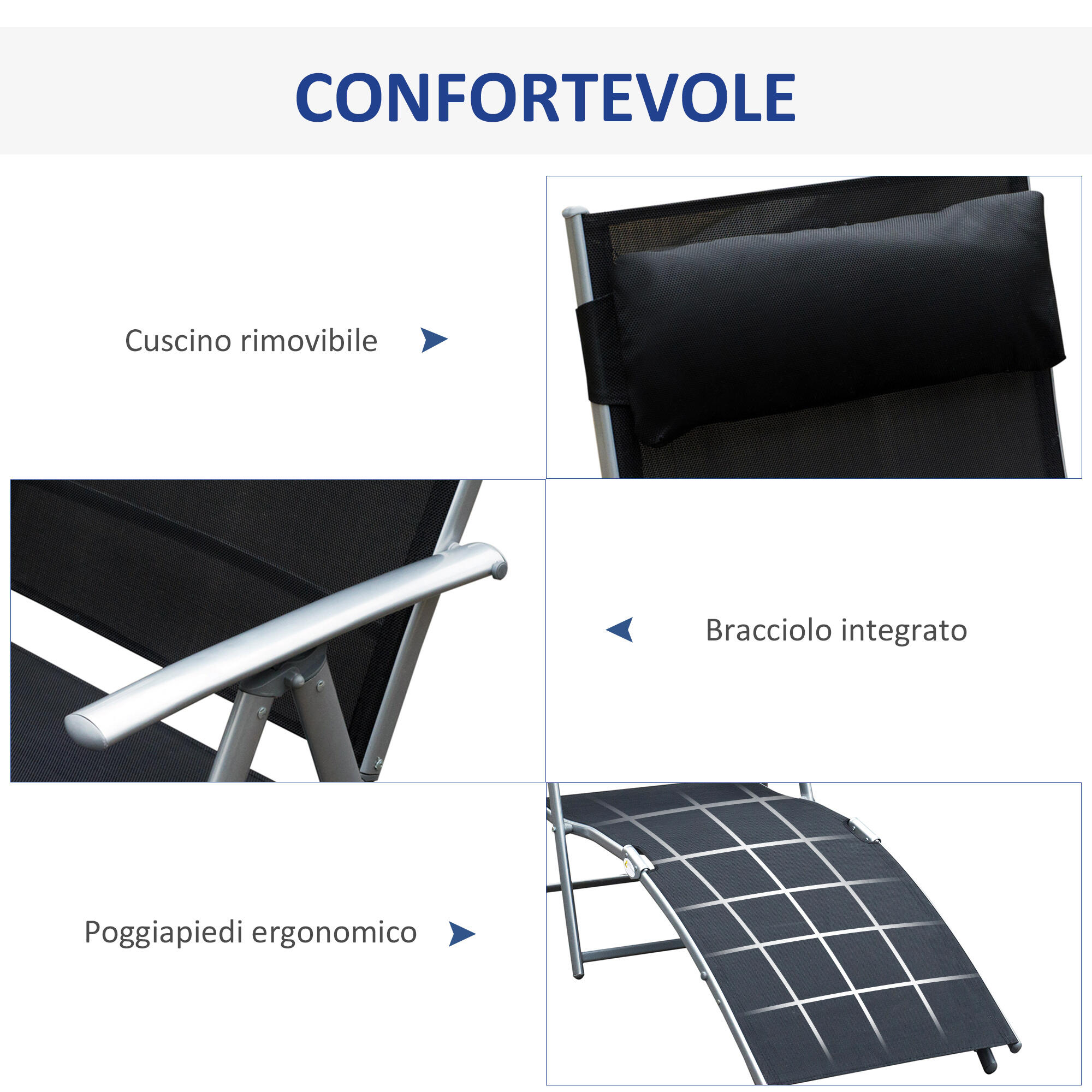 Outsunny Sdraio Prendisole Reclinabile Pieghevole con Cuscino Giardino Nero 5/8