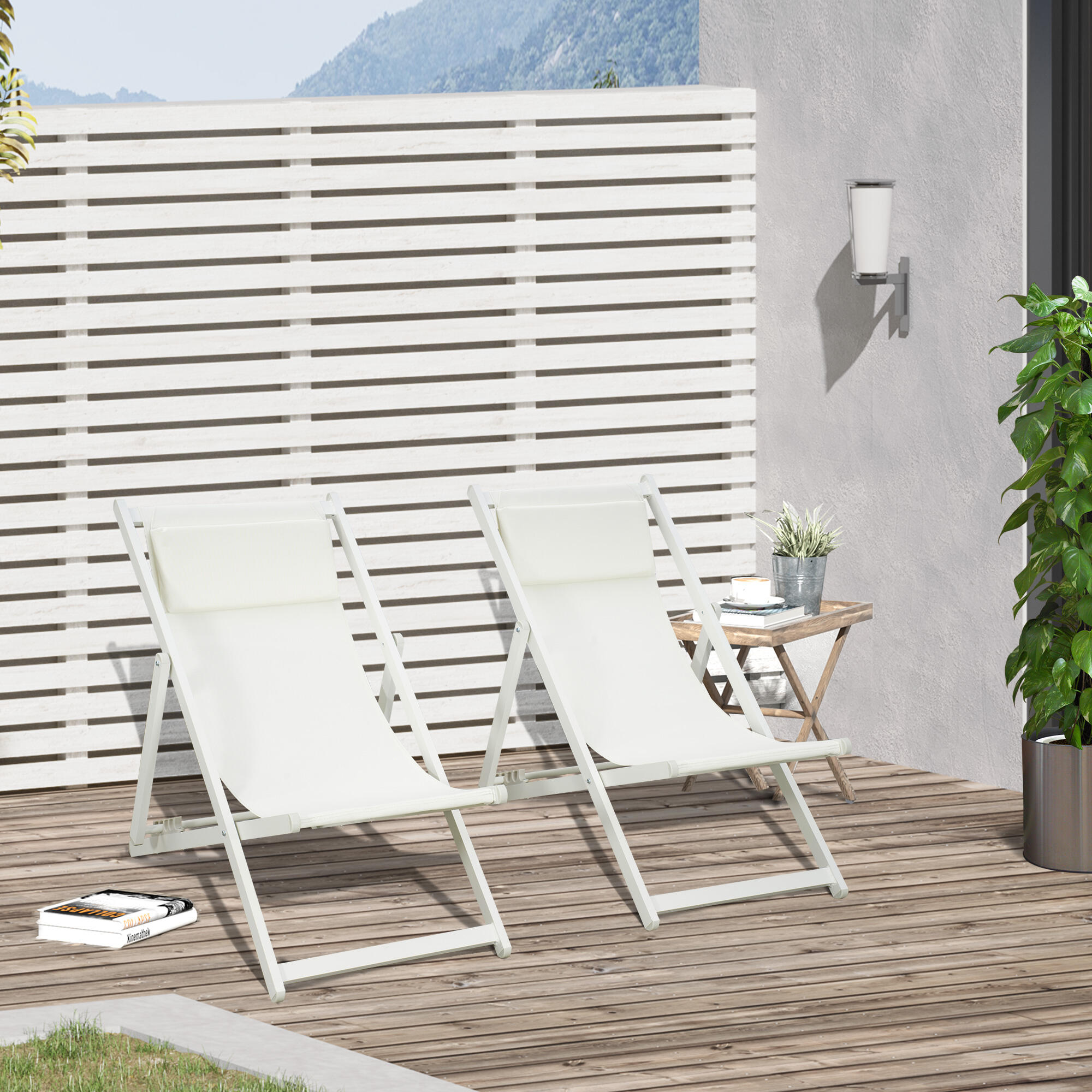 Outsunny Set 2 Sedie Pieghevoli e Reclinabili, 96.5x58x91.5 cm, Beige 2/7