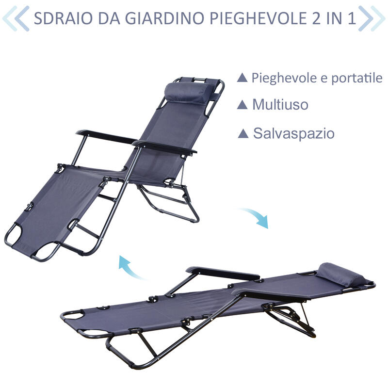 Outsunny Lettino Sdraio Pieghevole da Giardino Piscina con Braccioli Grigio