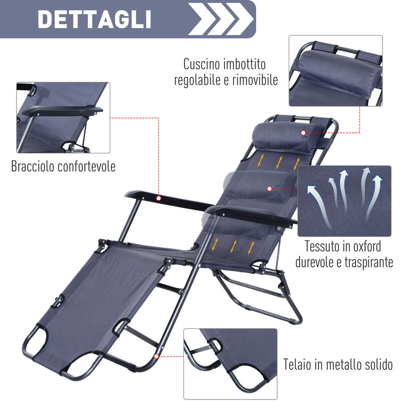 Outsunny Lettino Sdraio Pieghevole da Giardino Piscina con Braccioli Grigio