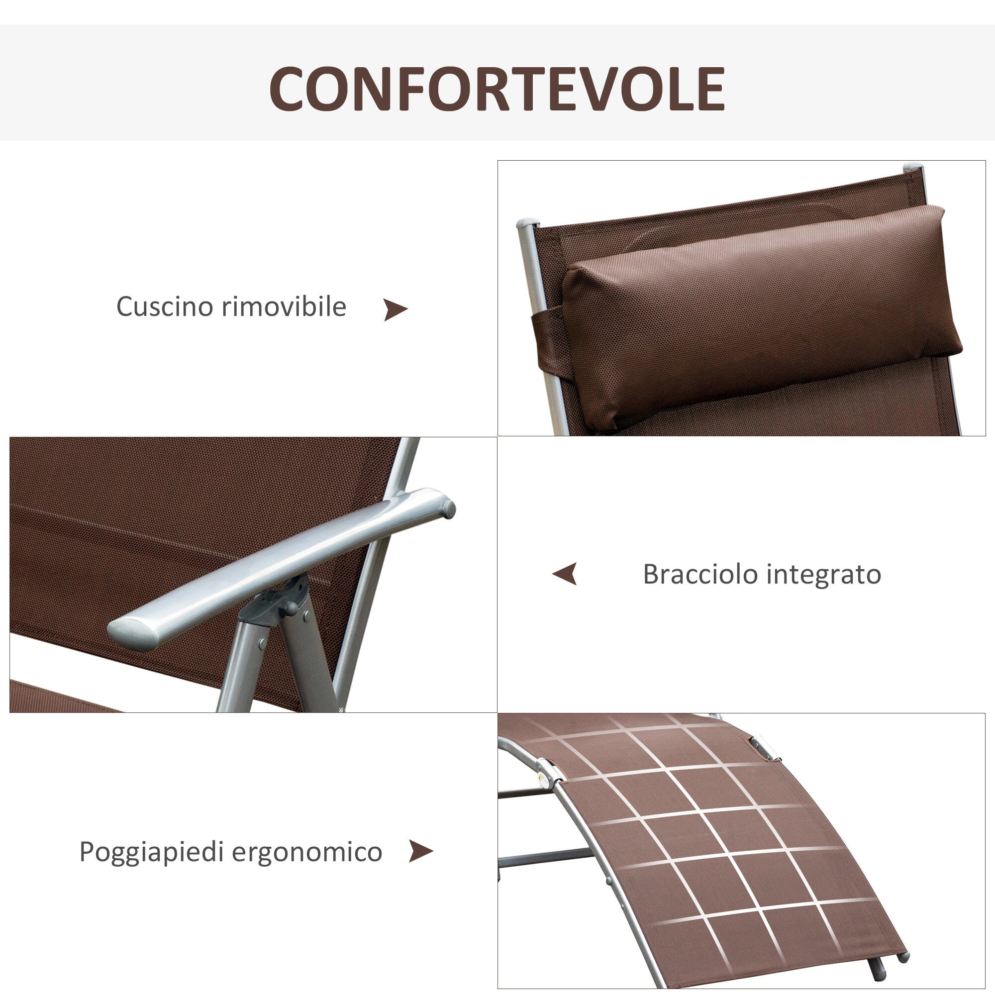 Outsunny Sdraio Prendisole Reclinabile Pieghevole con Cuscino Giardino Marrone 5/7