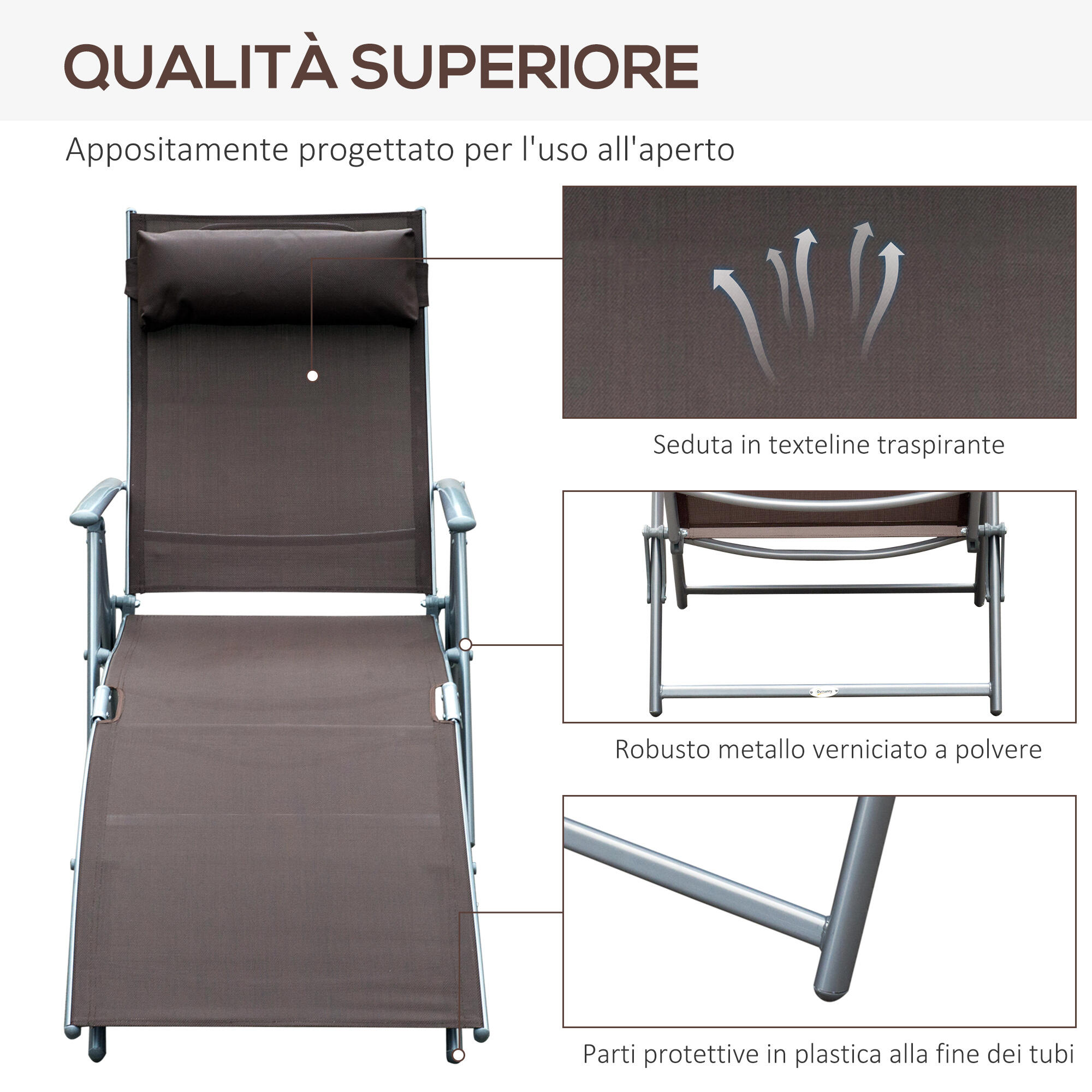 Outsunny Sdraio Prendisole Reclinabile Pieghevole con Cuscino Giardino Marrone 7/7