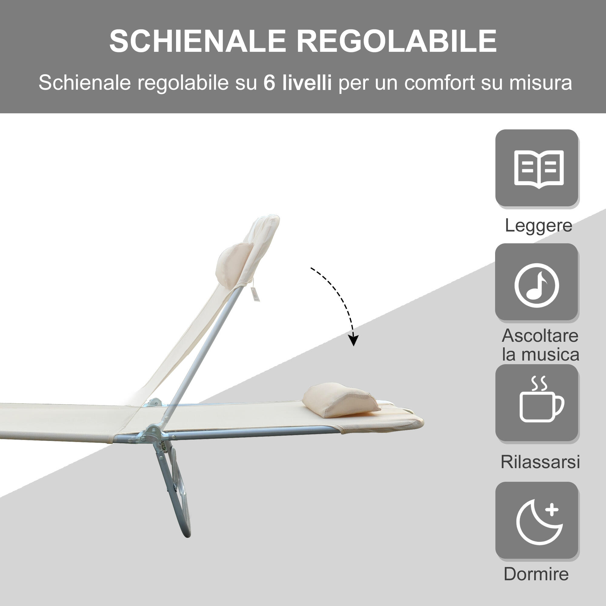 Outsunny Sdraio Pieghevole Reclinabile con Cuscino da Giardino Spiaggia Beige 4/8