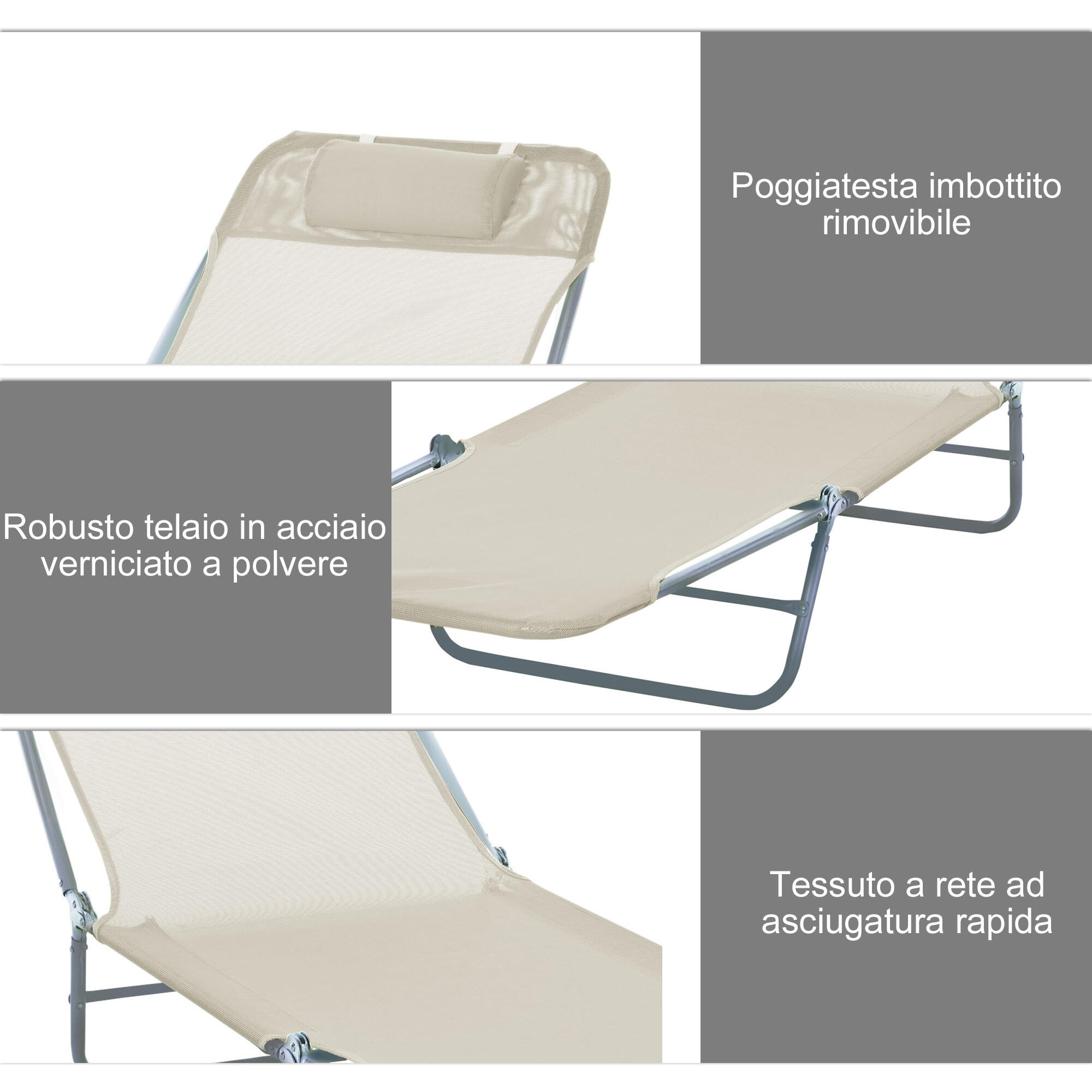 Outsunny Sdraio Pieghevole Reclinabile con Cuscino da Giardino Spiaggia Beige 5/8