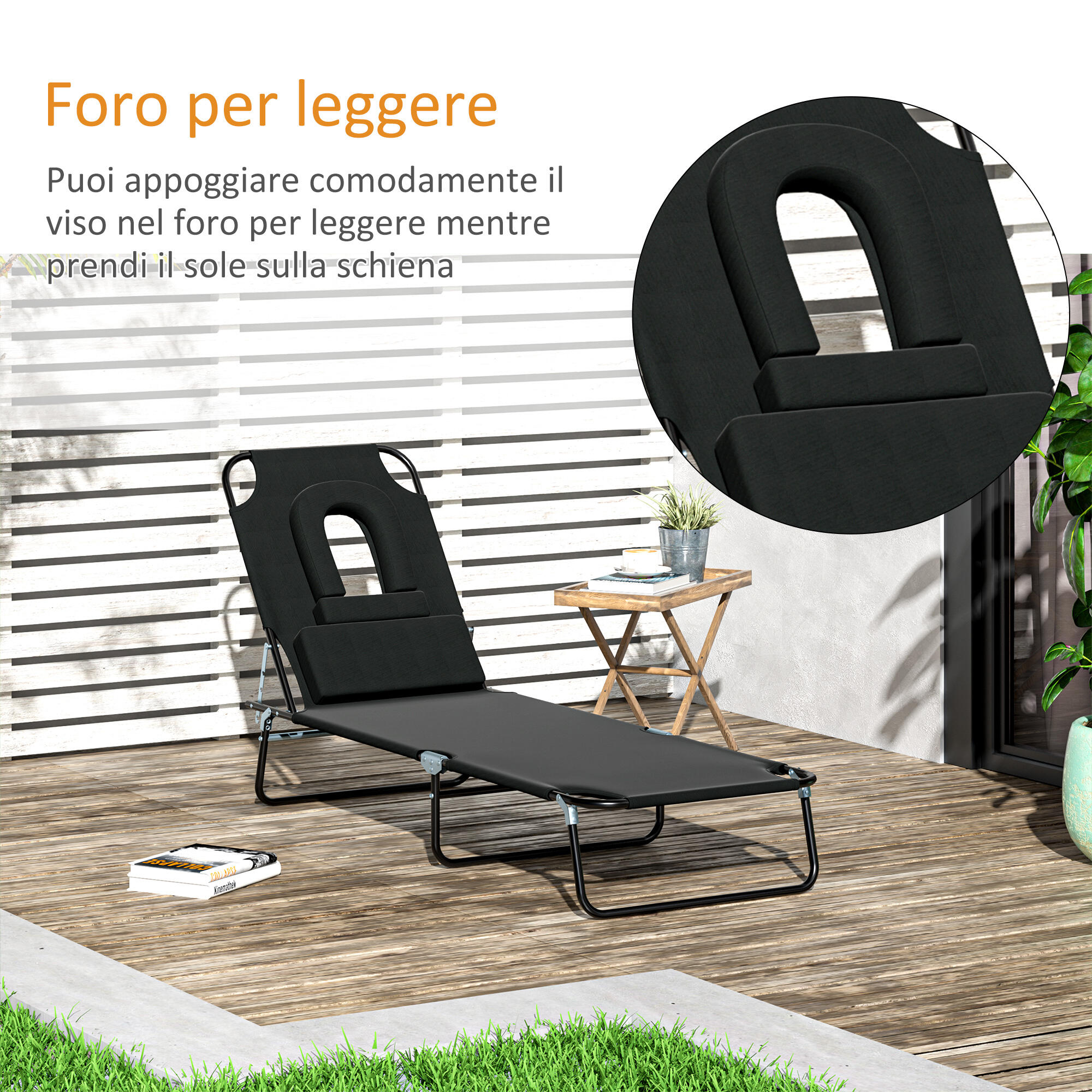Outsunny Sdraio Pieghevole con Foro per Viso e Cuscini Tessuto Oxford Nero 5/8