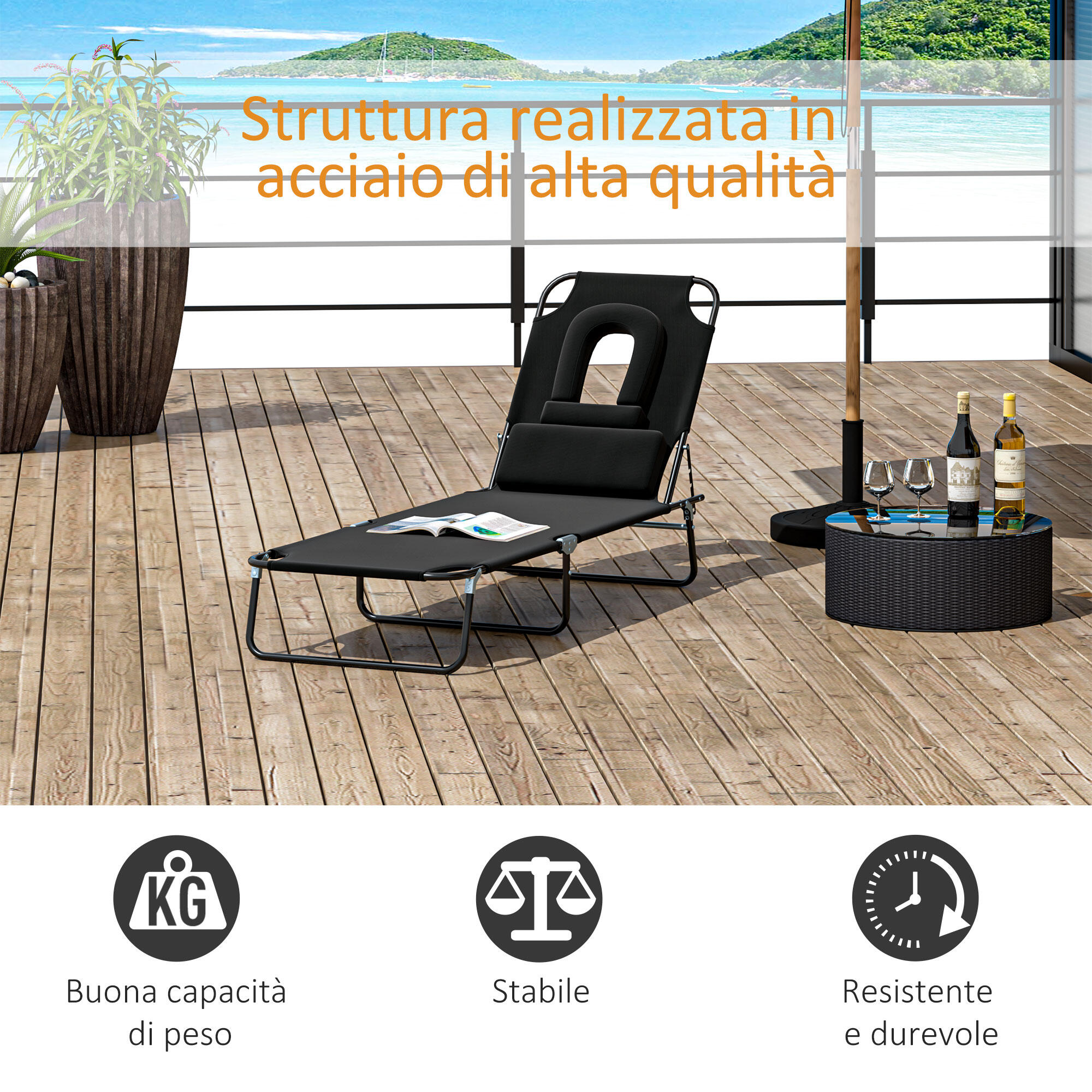 Outsunny Sdraio Pieghevole con Foro per Viso e Cuscini Tessuto Oxford Nero 6/8