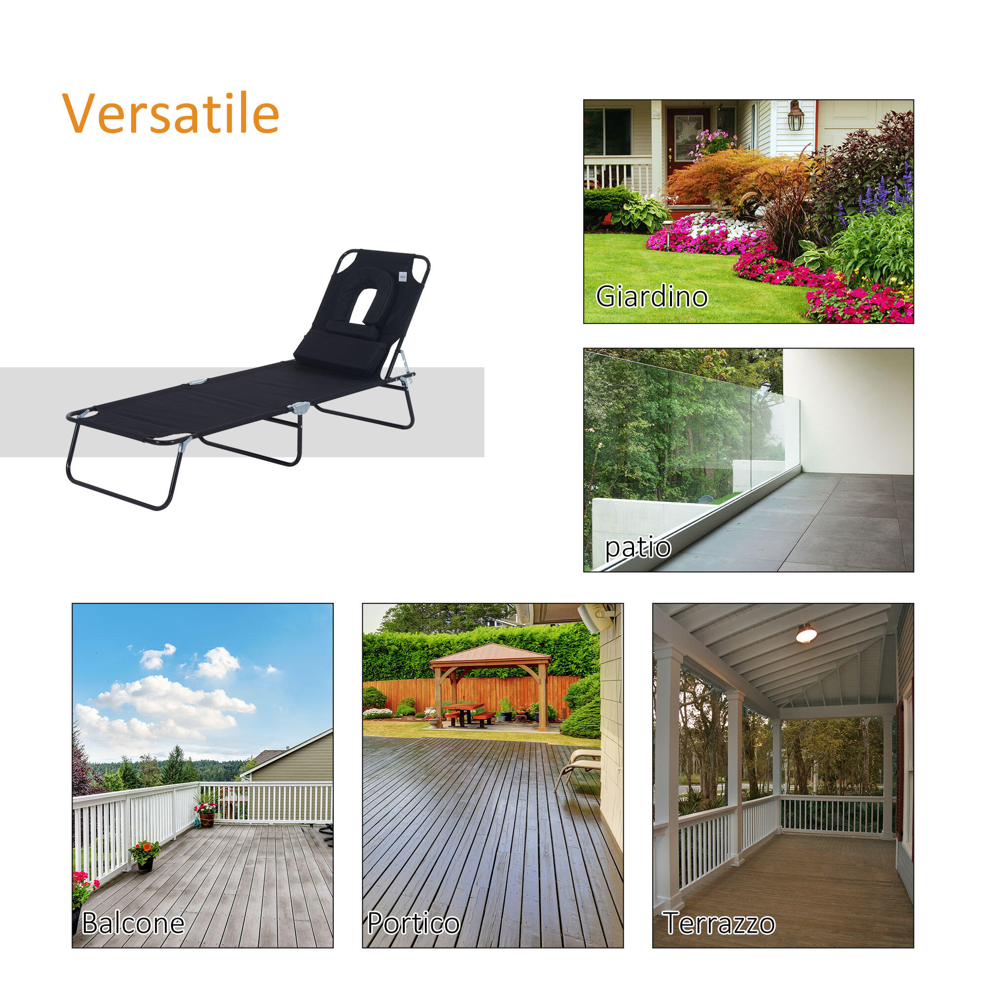 Outsunny Sdraio Pieghevole con Foro per Viso e Cuscini Tessuto Oxford Nero 7/8
