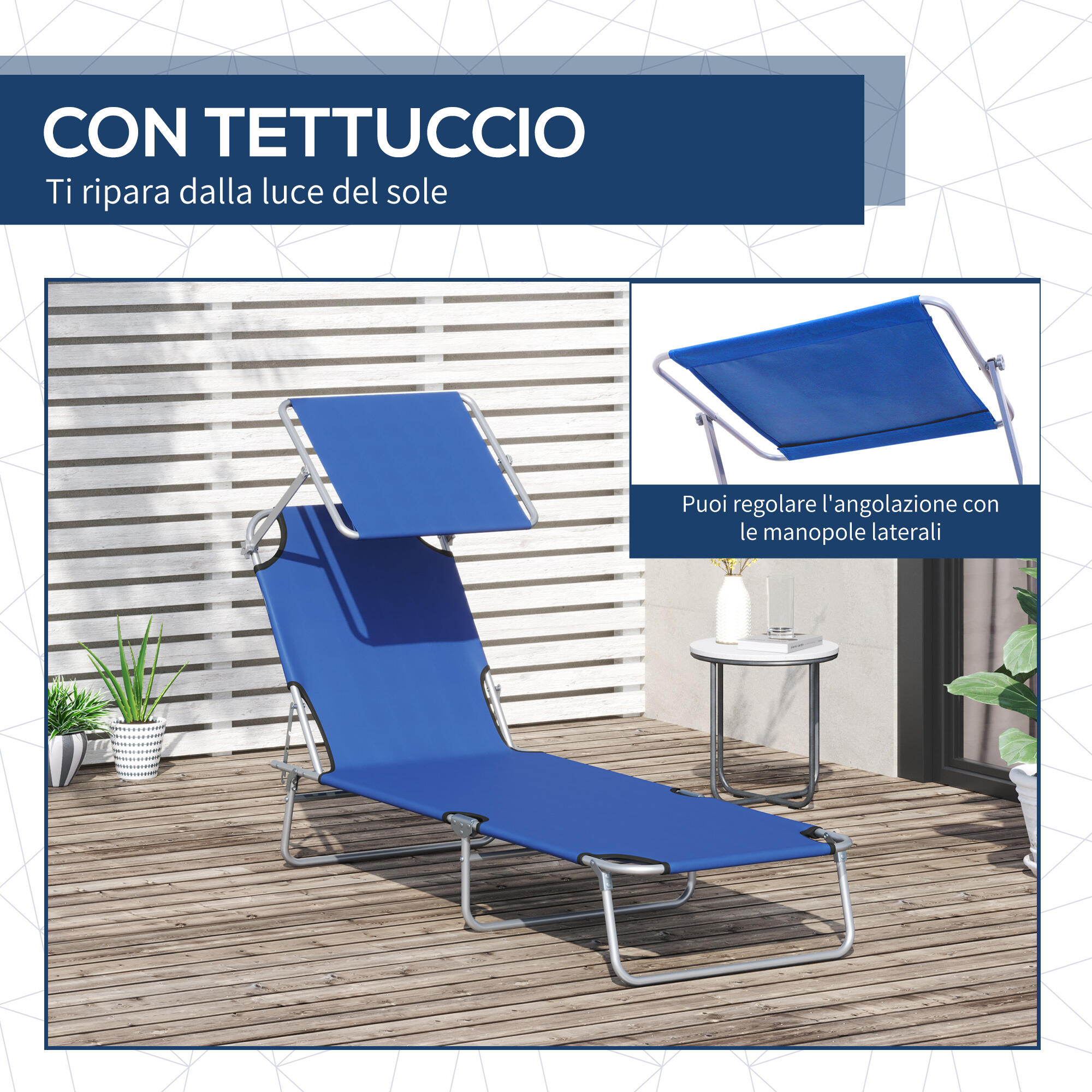 Outsunny Lettino Prendisole da Giardino Sdraio Pieghevole con Tettuccio Blu 6/7