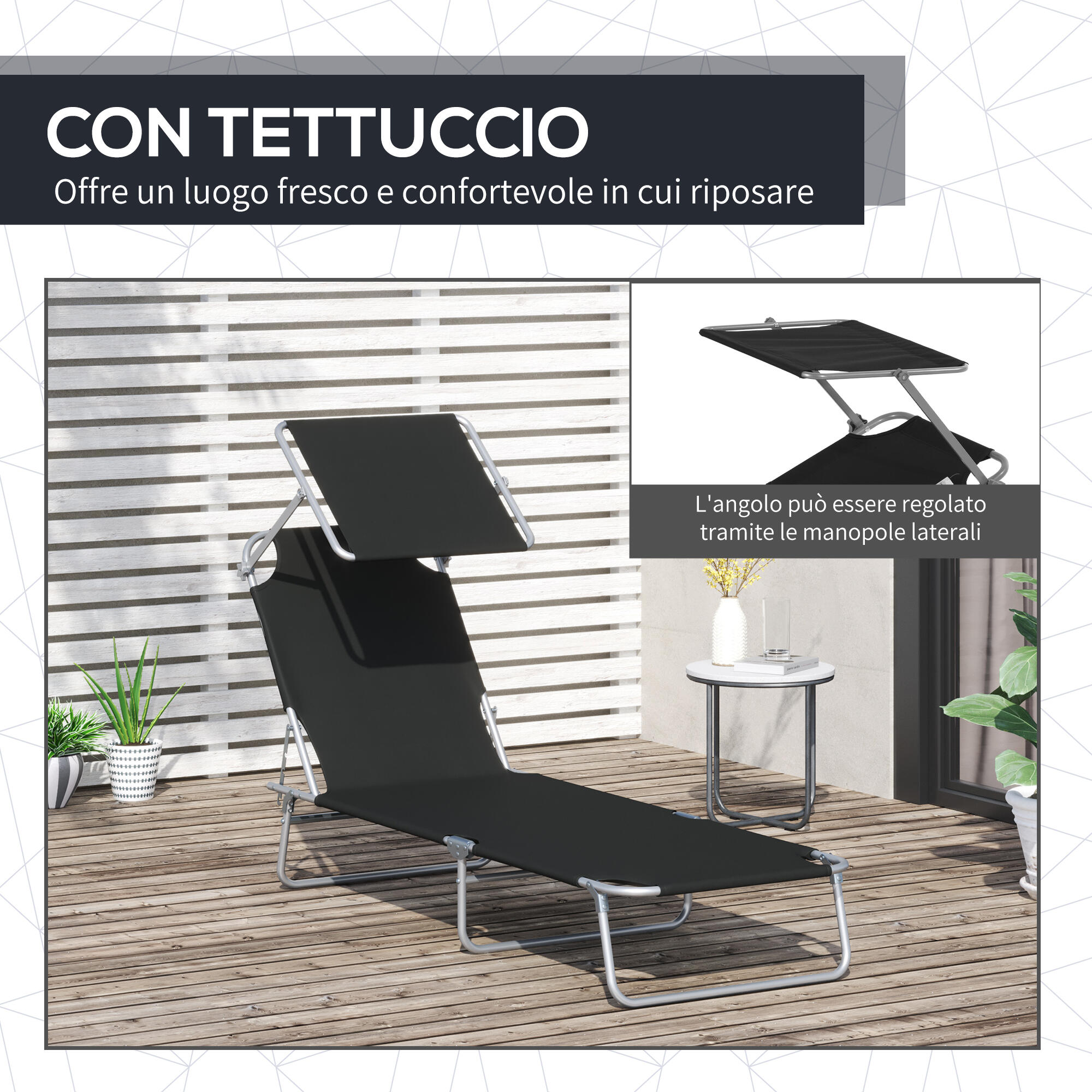 Outsunny Lettino Prendisole da Giardino Sdraio Pieghevole con Tettuccio Nero 6/8