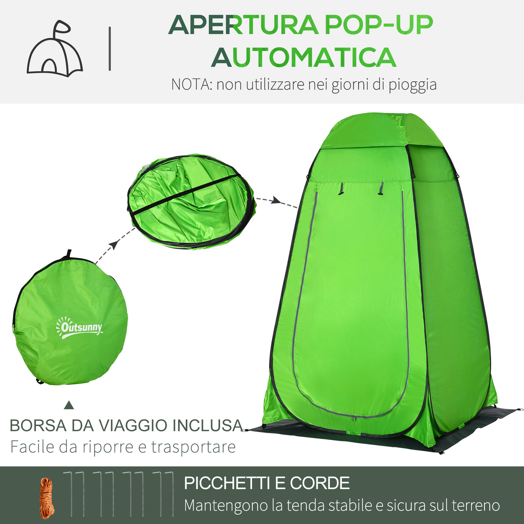 Outsunny Tenda Doccia da Campeggio con Porta a Cerniera e Borsa Verde 5/7
