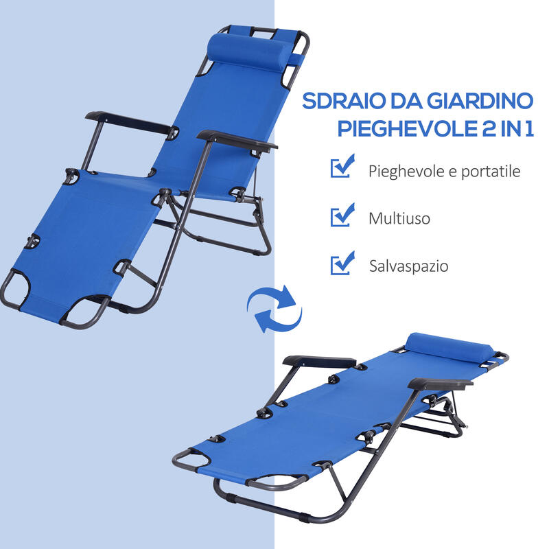 Outsunny Lettino Sdraio Pieghevole da Giardino Piscina con Braccioli Blu