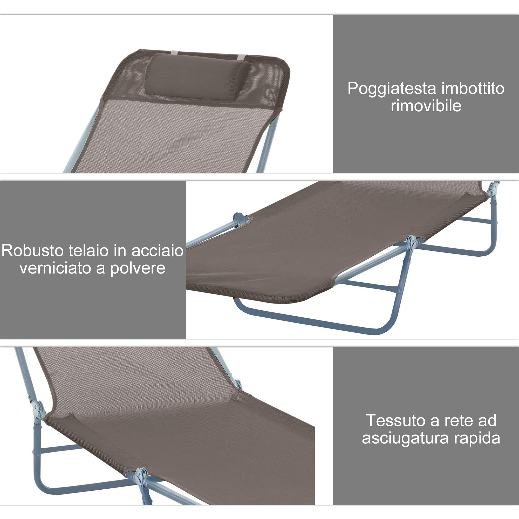 Outsunny Lettino Prendisole Pieghevole, 182x56x24.5 cm, Marrone e Argento 5/8