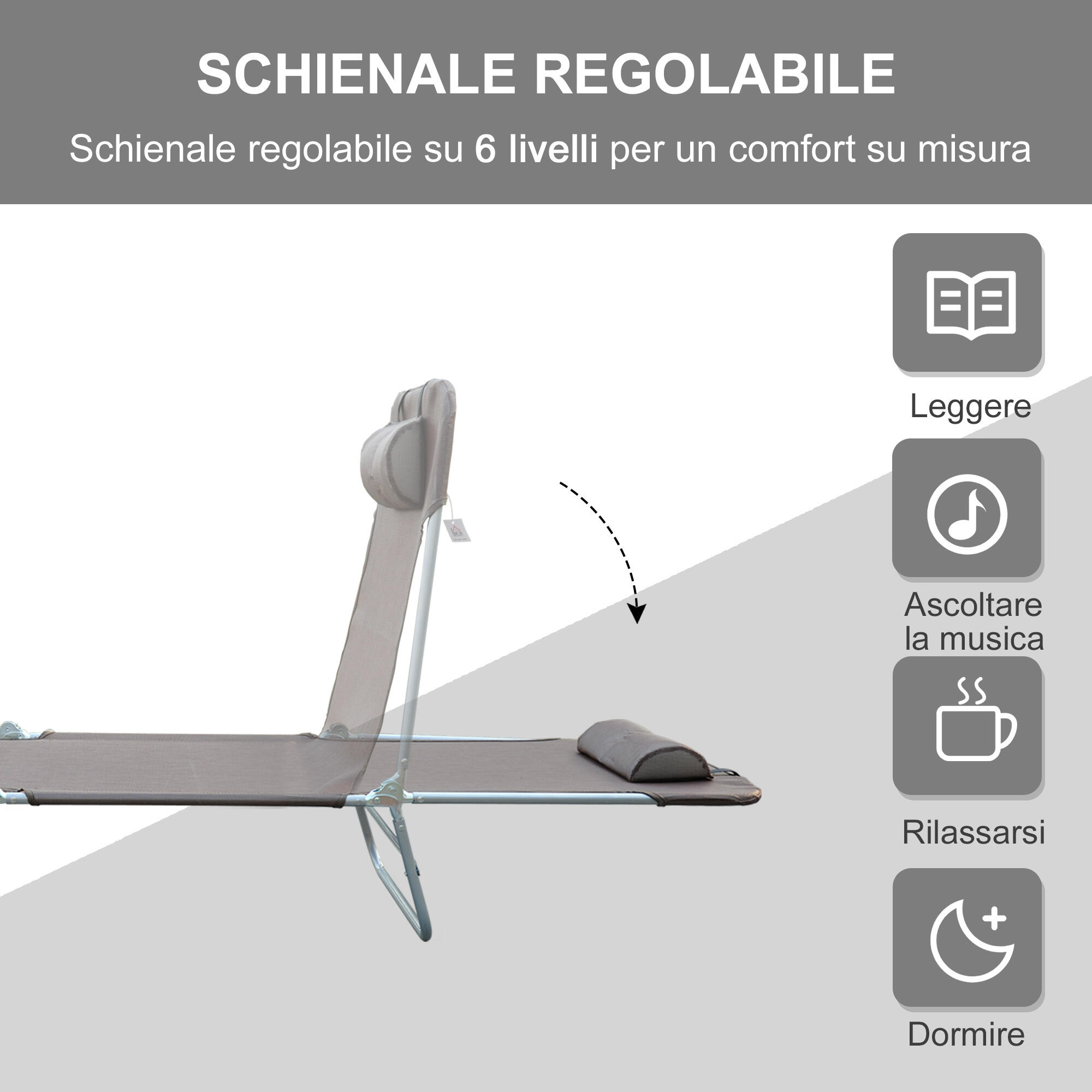 Outsunny Lettino Prendisole Pieghevole, 182x56x24.5 cm, Marrone e Argento 4/8