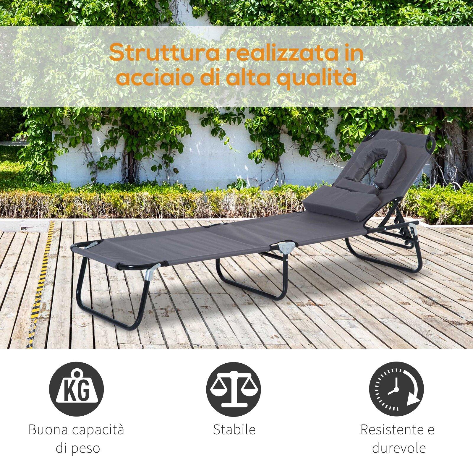 Outsunny Sedia Sdraio Pieghevole con Foro per il Viso e Cuscini, Grigio 7/7