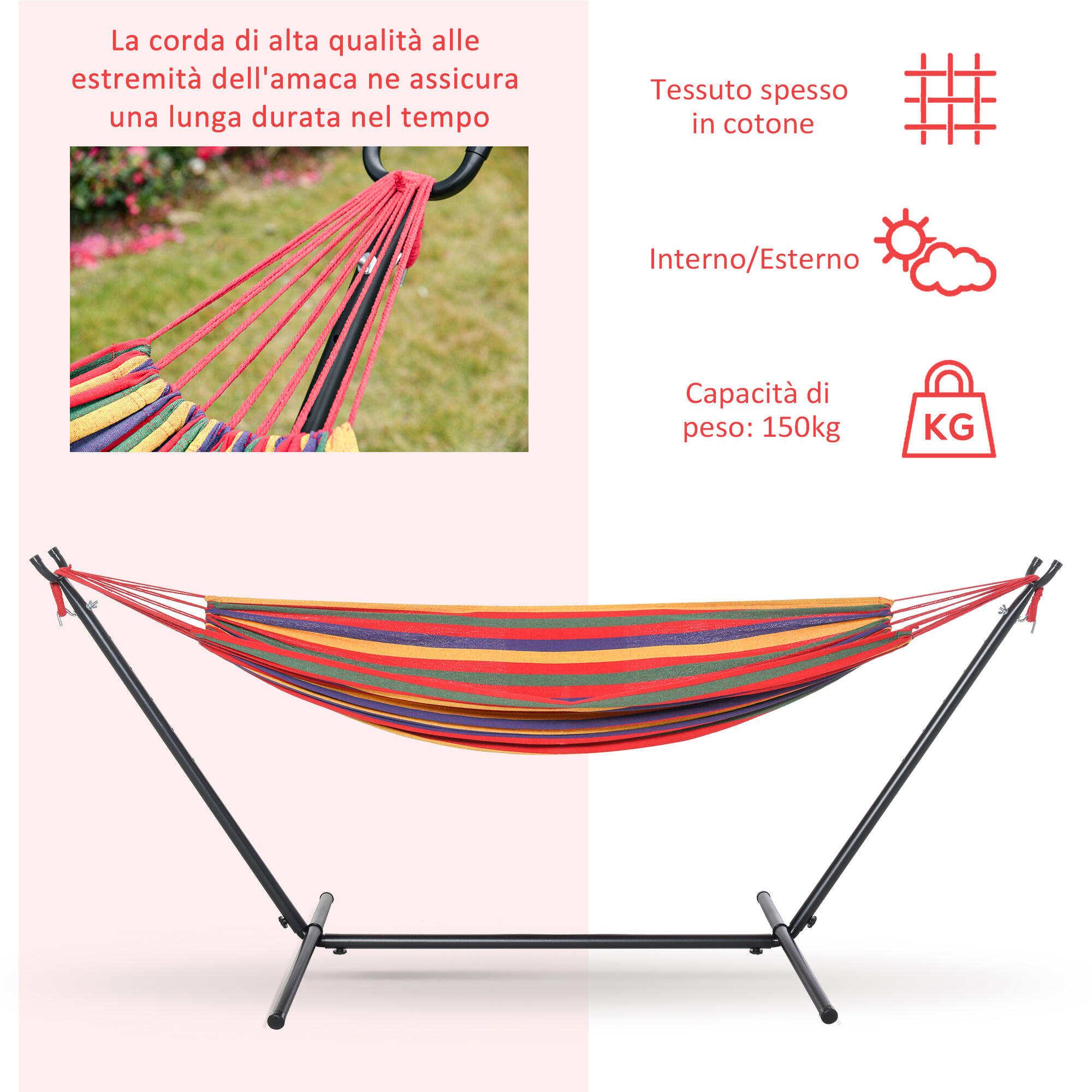 Outsunny Amaca con Struttura in Acciaio e Cotone Multicolor, Custodia Inclusa 5/7